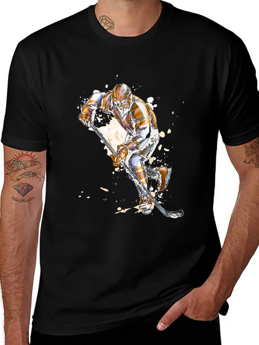 Hockey Player Graphic Tee - Black Cotton T-Shirt