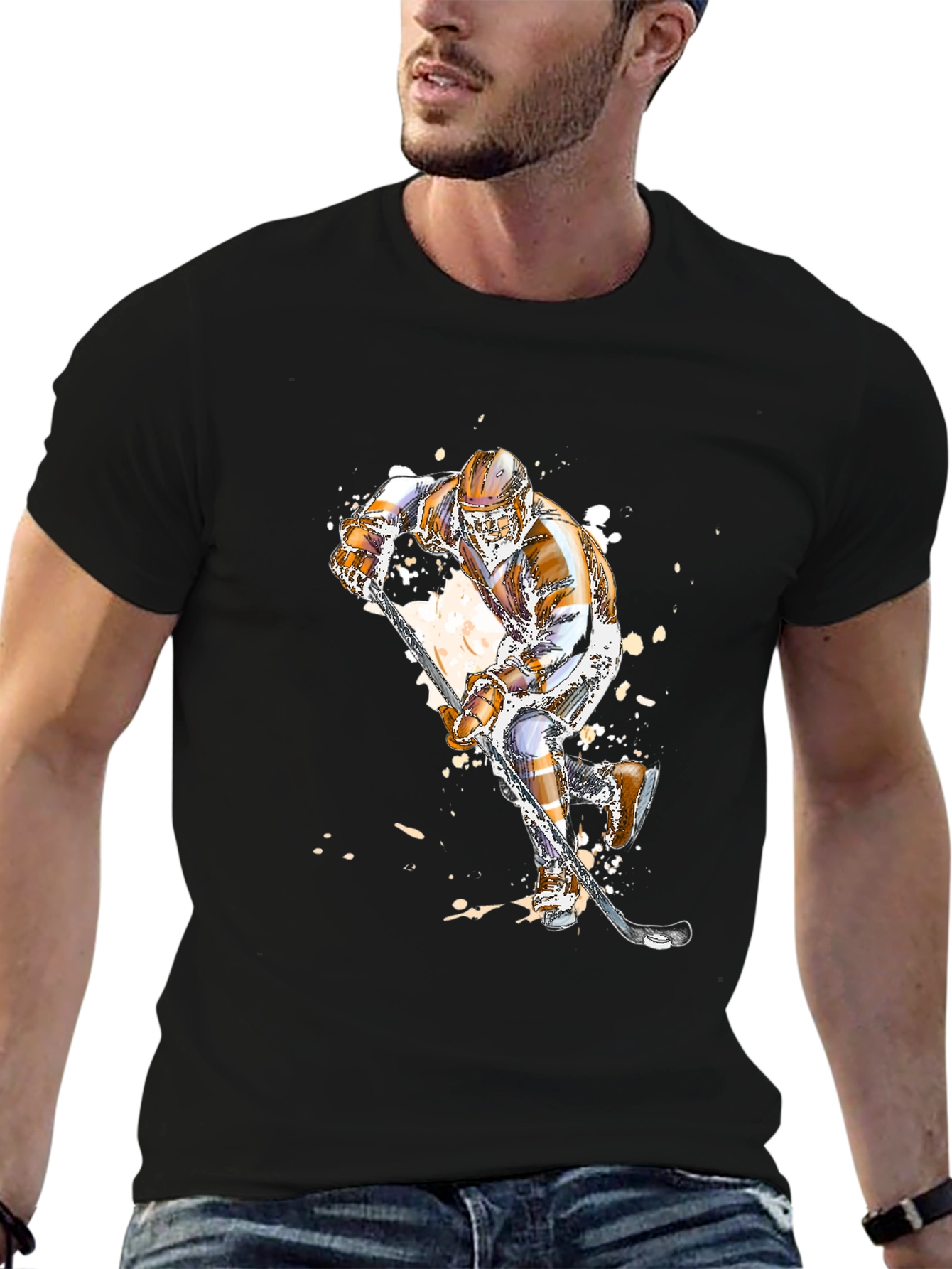 Hockey Player Graphic Tee - Black Cotton T-Shirt