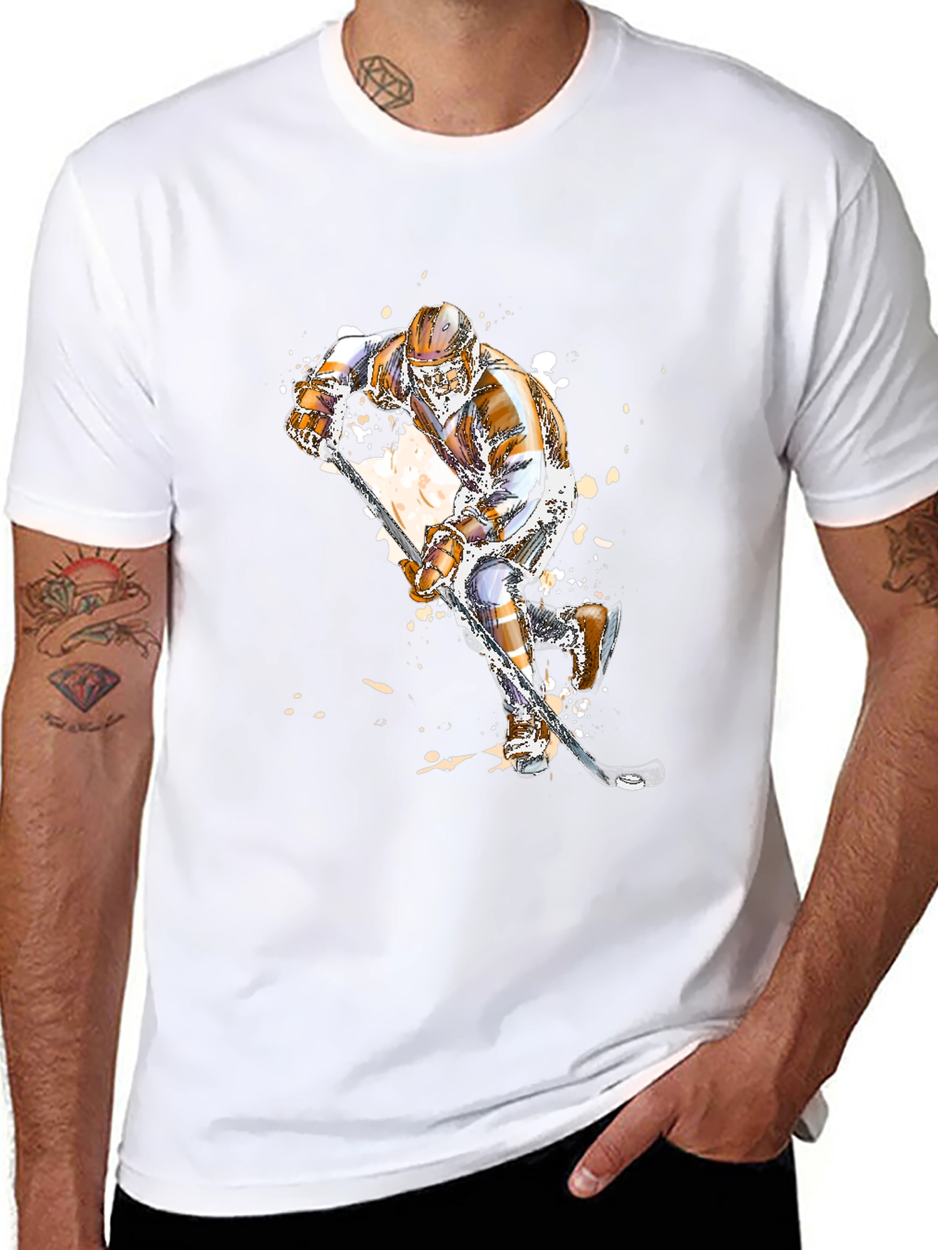 Hockey Player Graphic Tee - Black Cotton T-Shirt