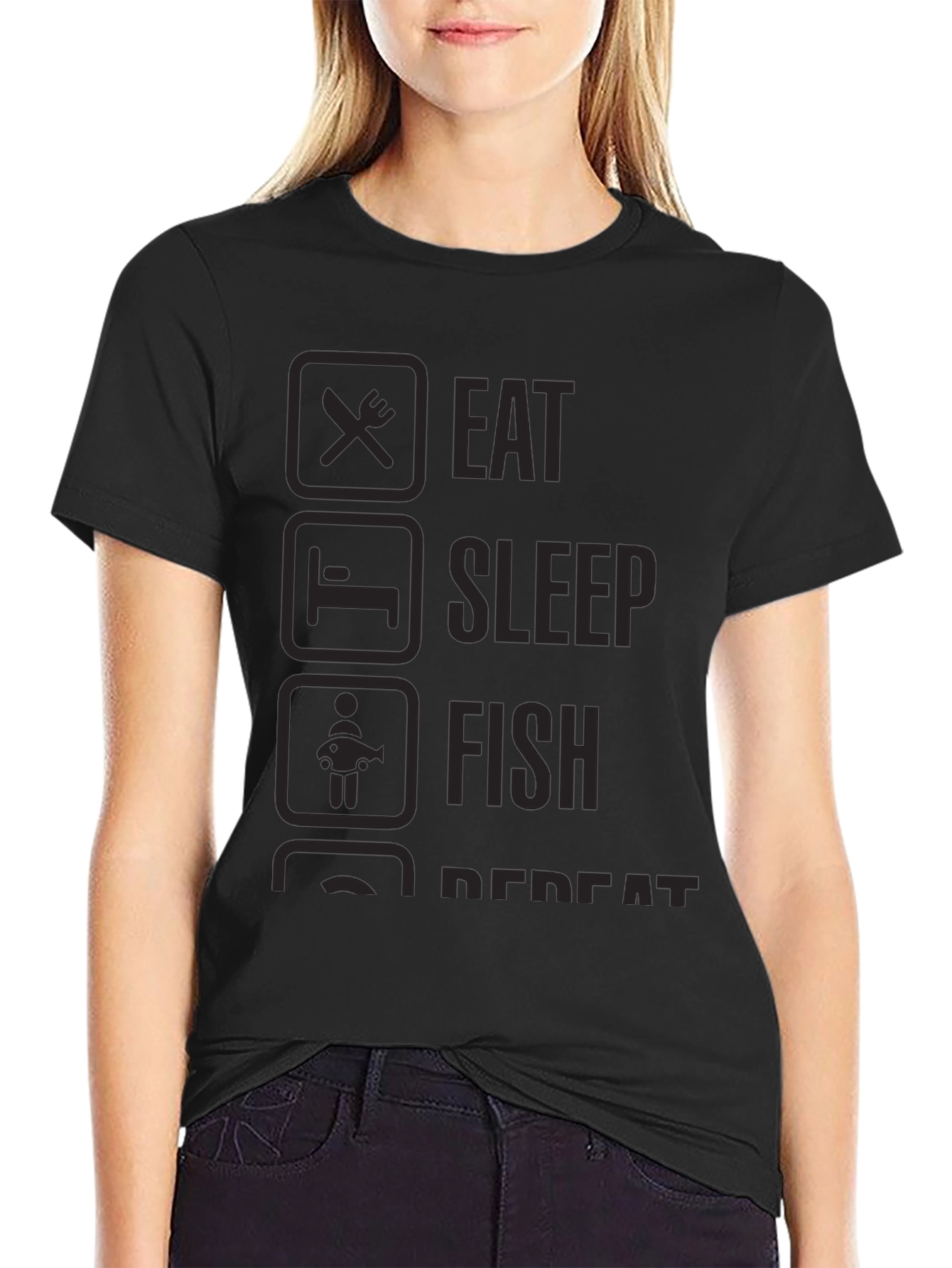 Eat Sleep Fish Repeat Black Graphic T-Shirt
