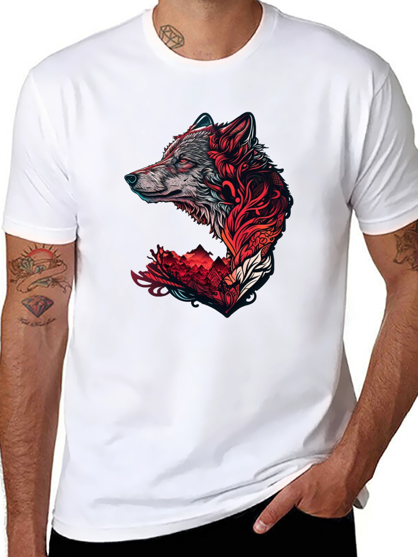 Wolf Graphic Print Crew Neck Tee - Black