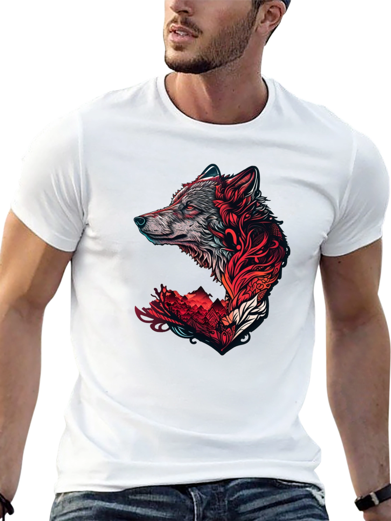 Wolf Graphic Print Crew Neck Tee - Black