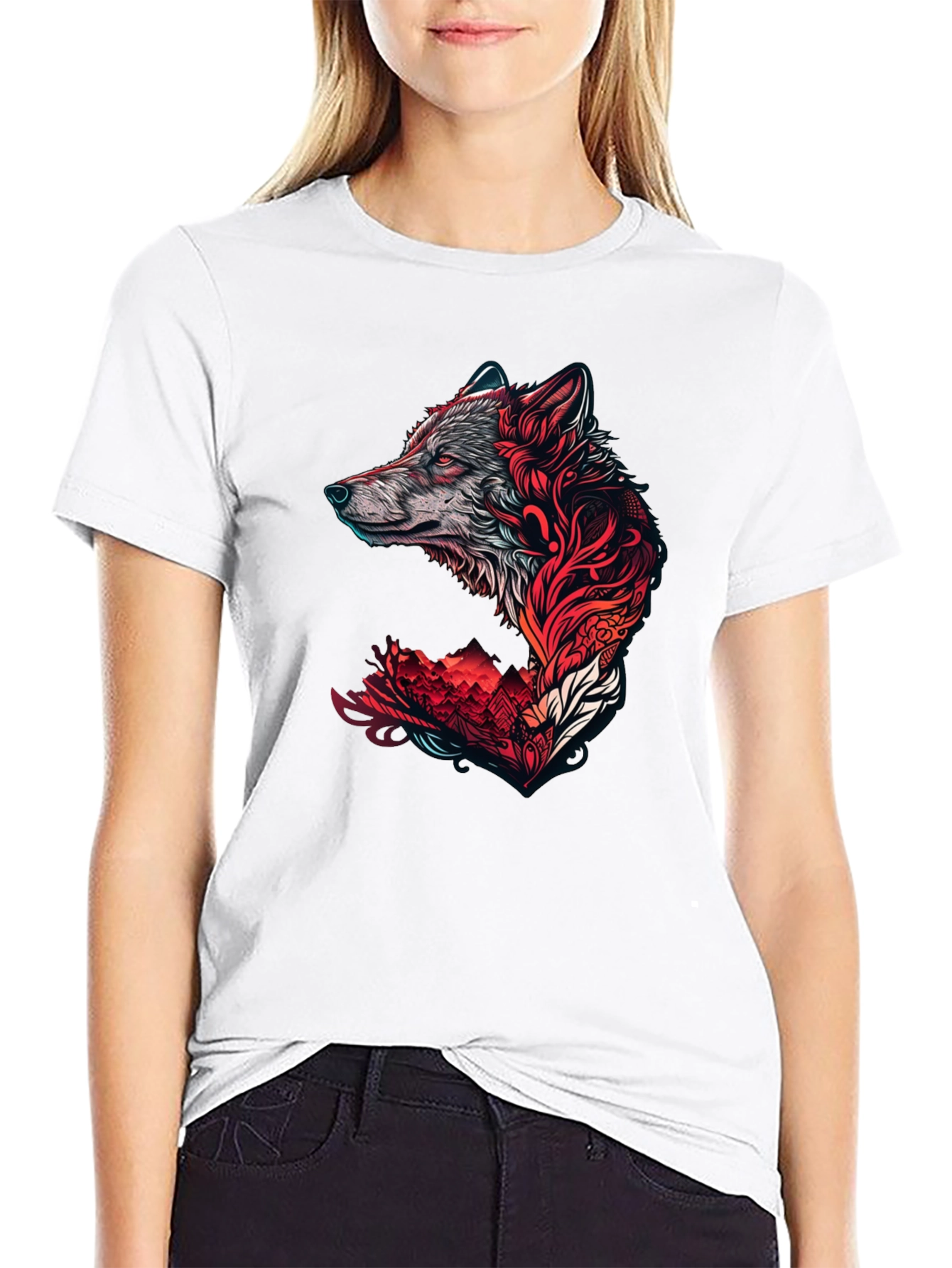 Wolf Graphic Print Crew Neck Tee - Black