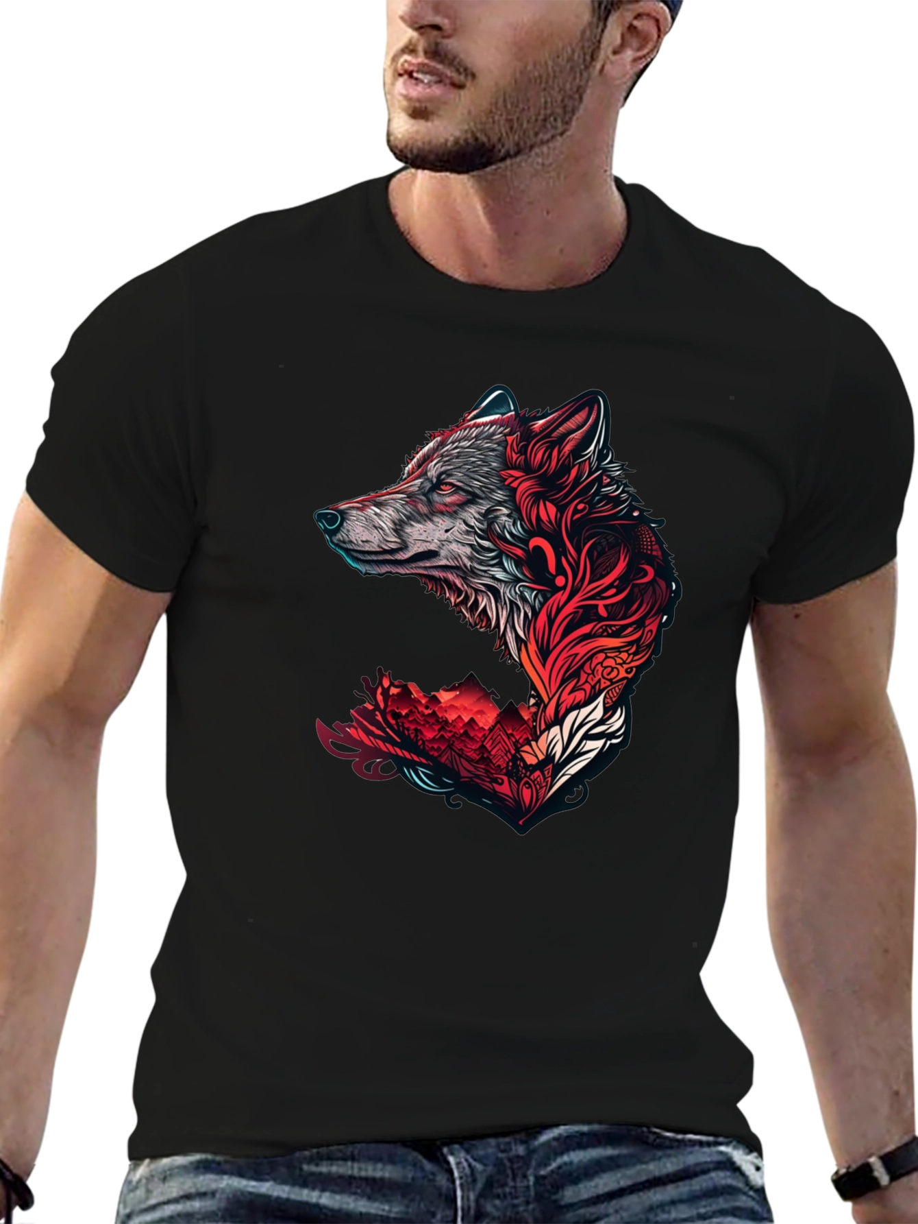 Wolf Graphic Print Crew Neck Tee - Black