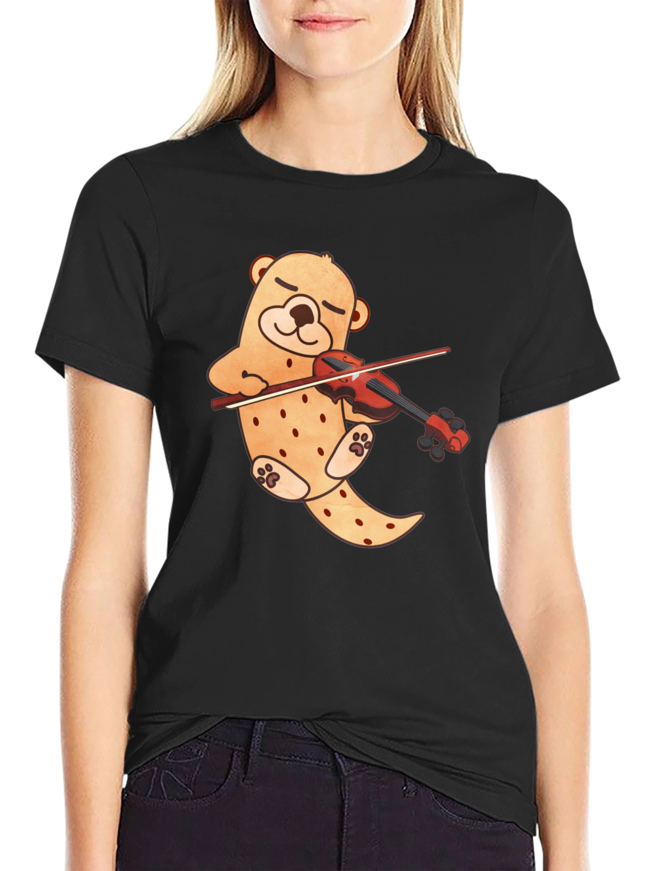 Cute Bear Violinist Black T-Shirt