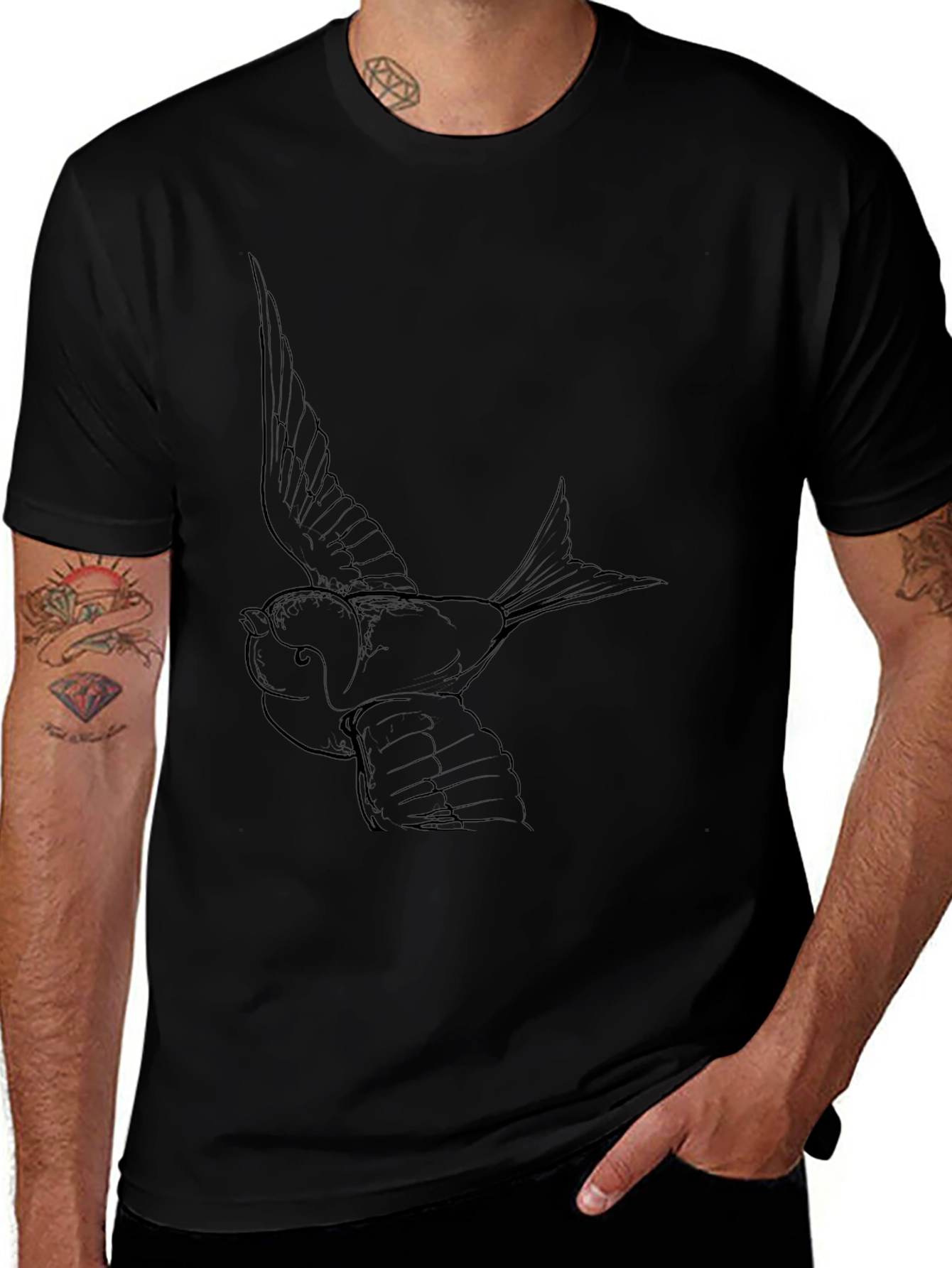 Mens Black T-Shirt with Bird Graphic Print