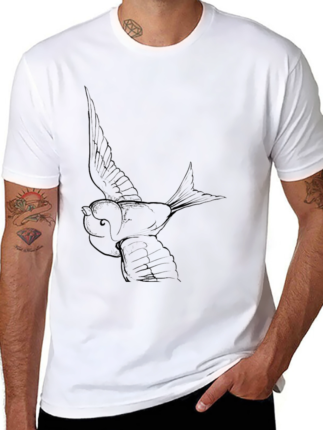 Mens Black T-Shirt with Bird Graphic Print