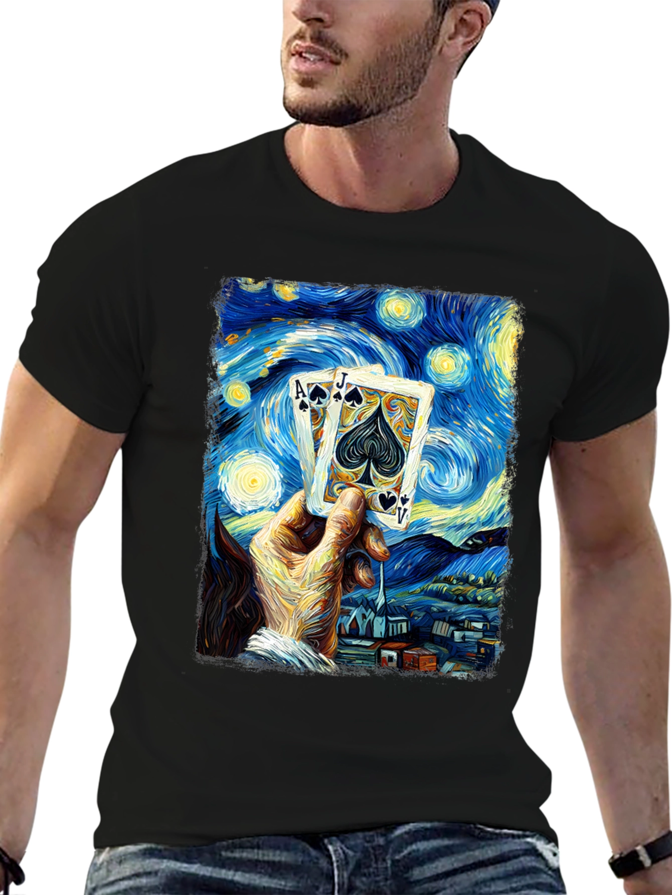 Starry Night Poker T-Shirt - Ace Jack Spade Design