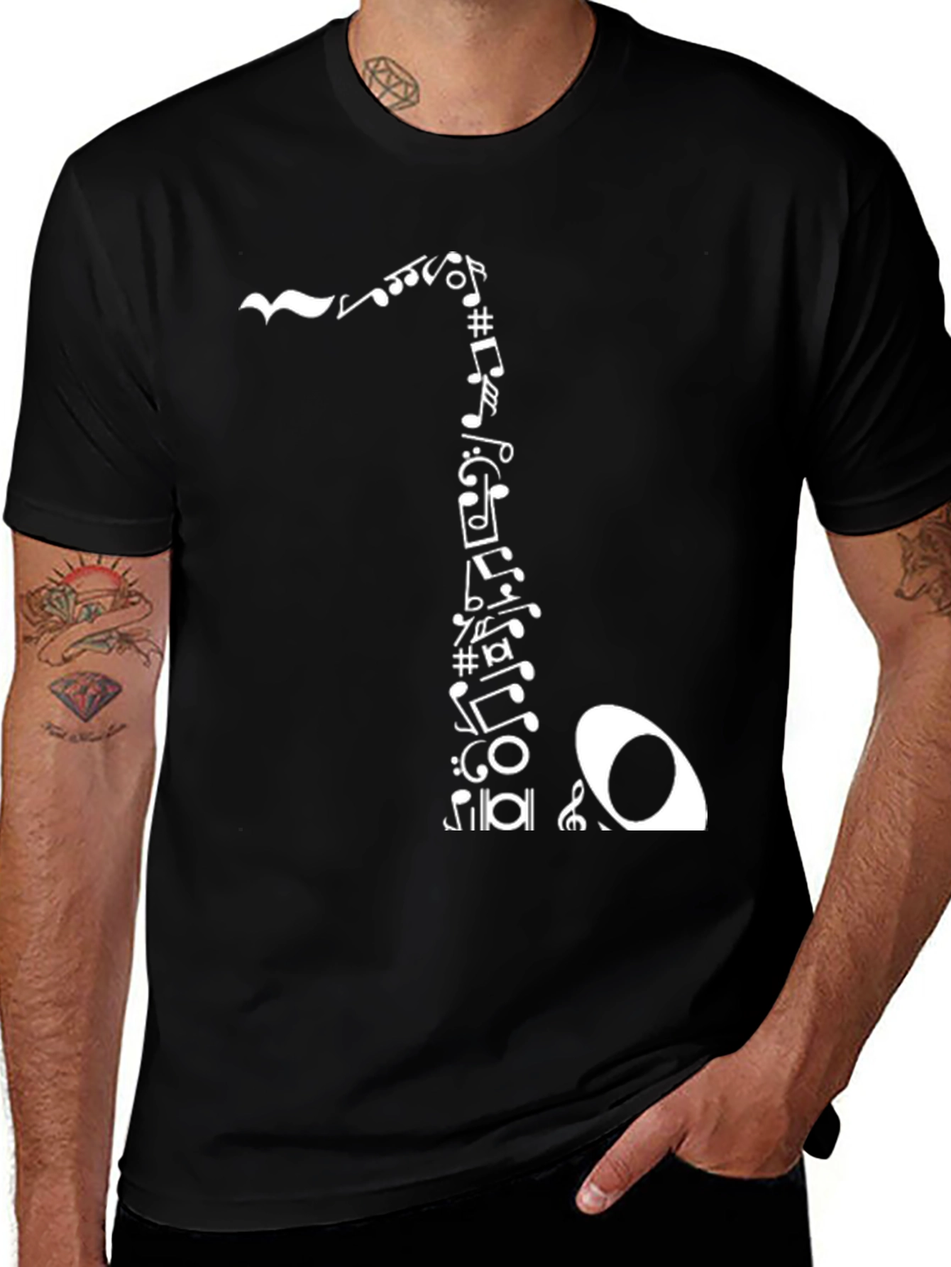 Musical Notes Saxophone Graphic Tee - Black