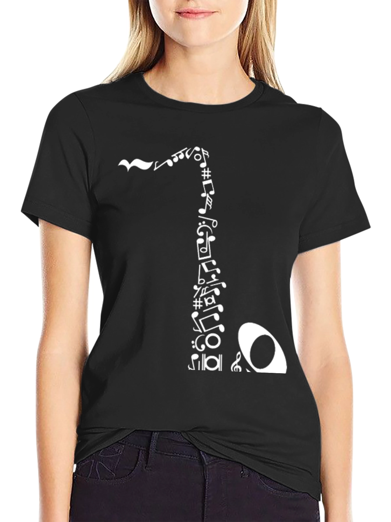 Musical Notes Saxophone Graphic Tee - Black