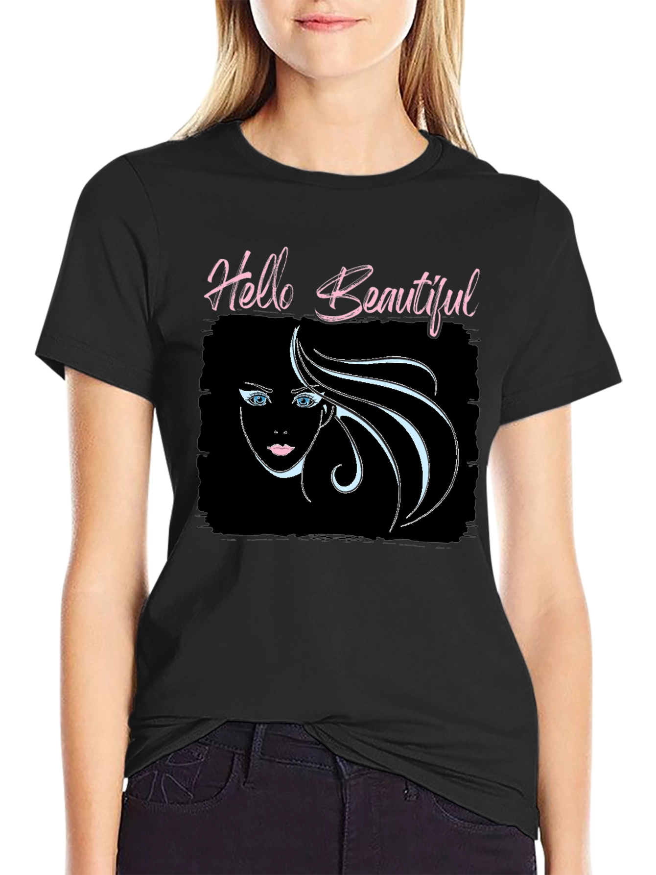 Hello Beautiful Graphic Print Black Tee