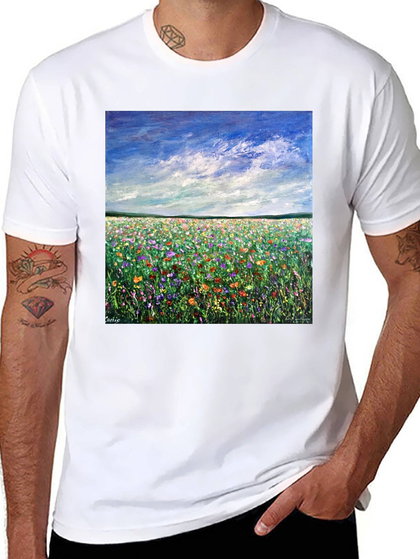 Vibrant Flower Field Painting Graphic Tee - Black