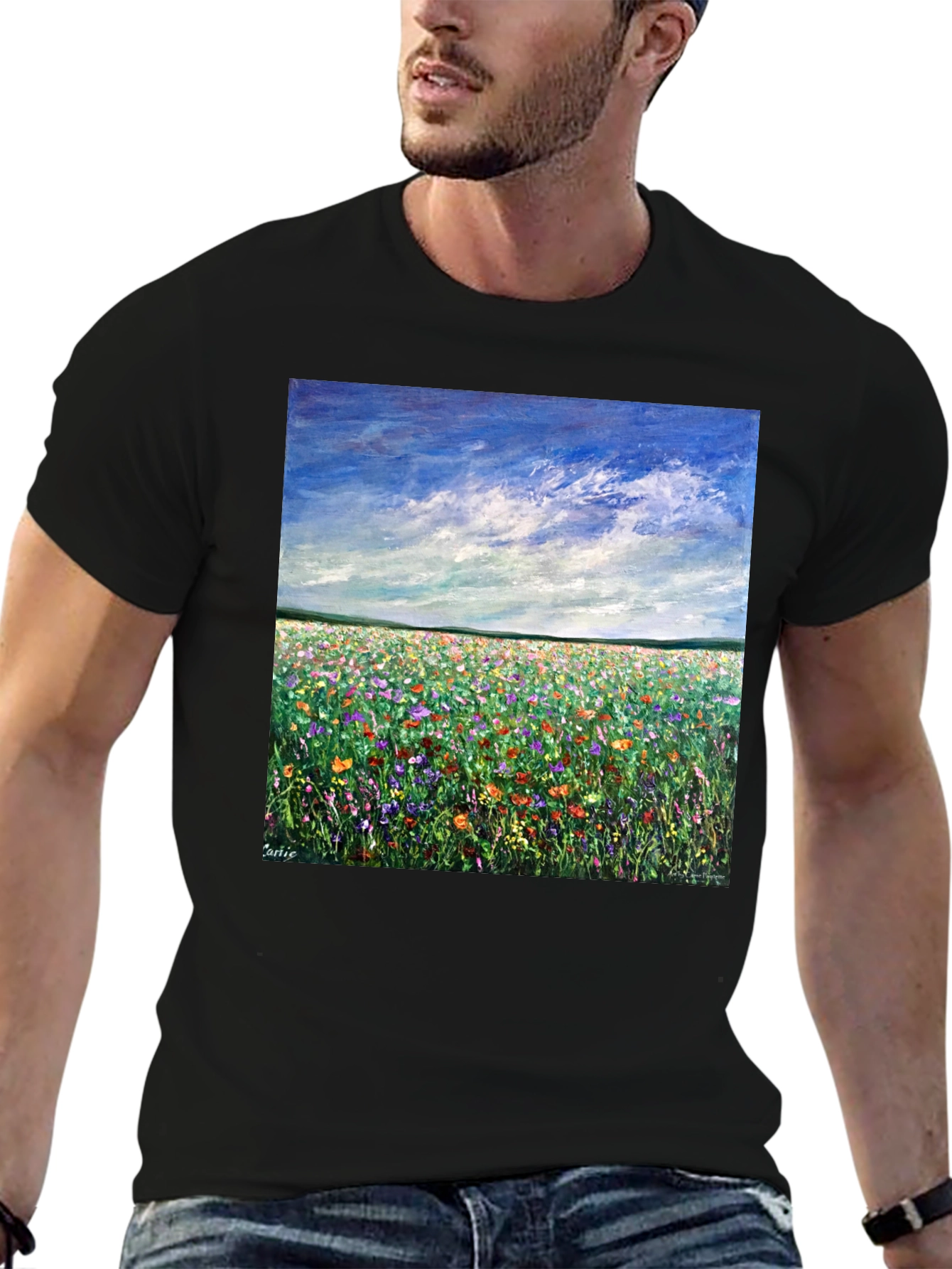 Vibrant Flower Field Painting Graphic Tee - Black