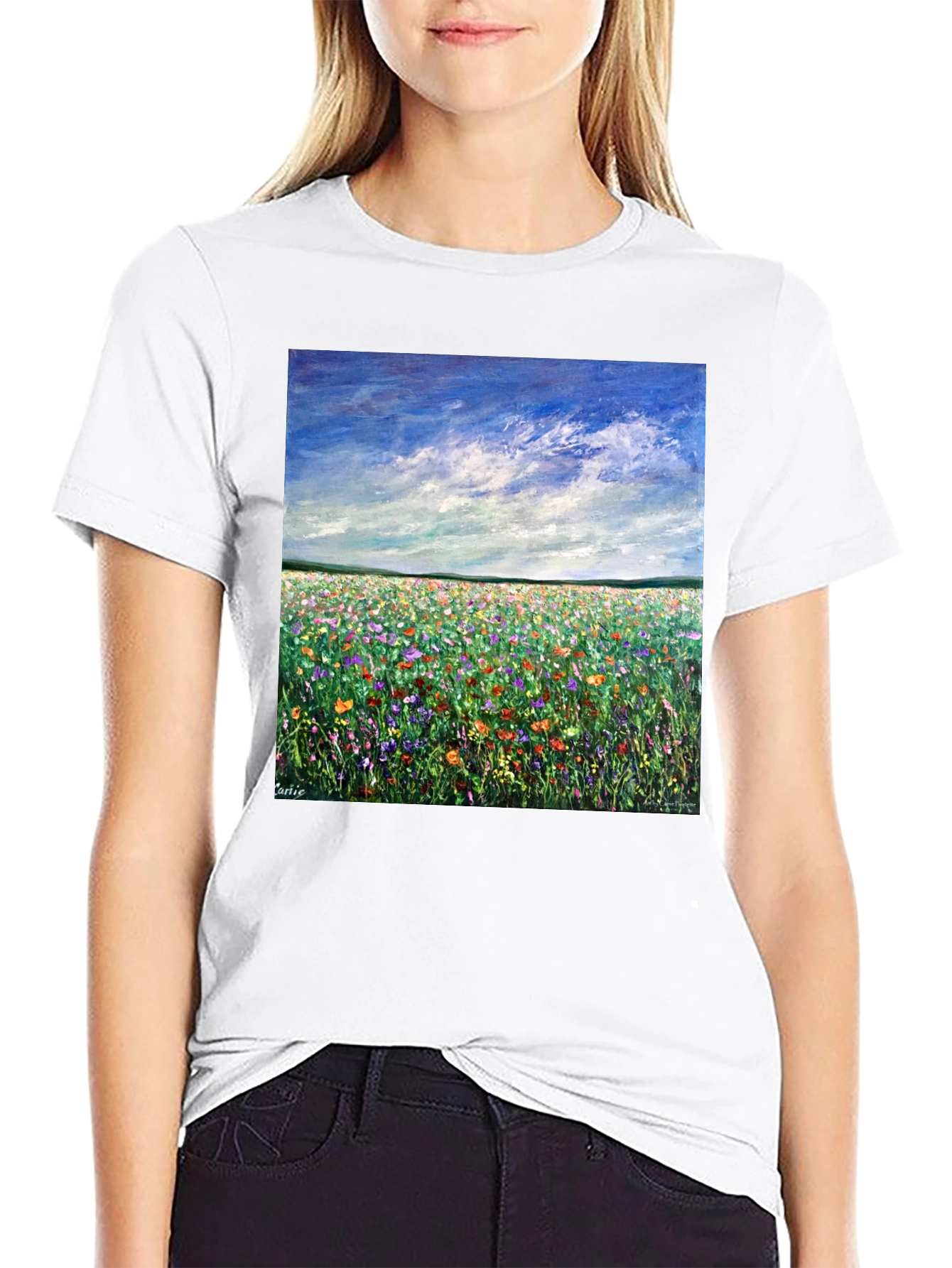 Vibrant Flower Field Painting Graphic Tee - Black