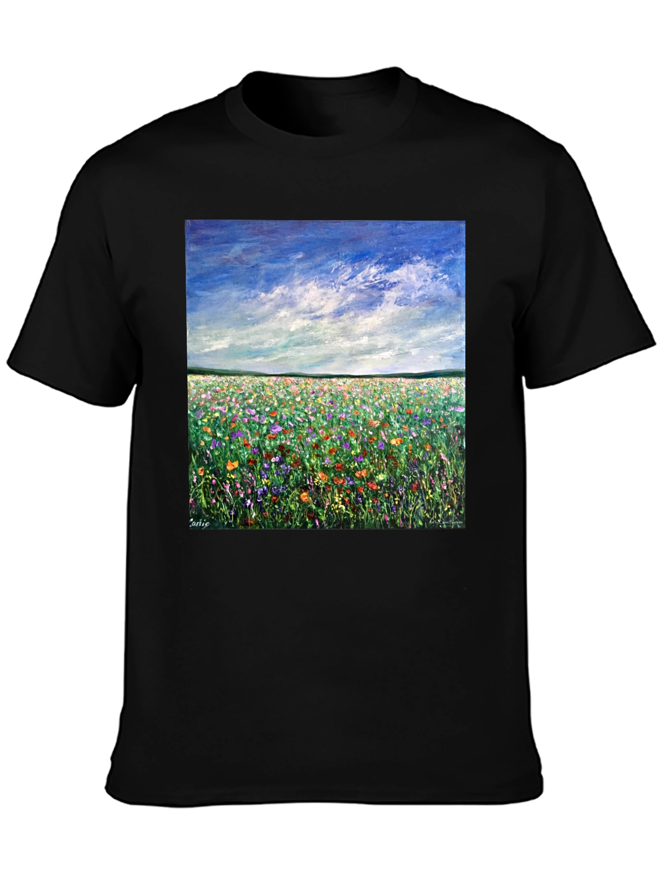 Vibrant Flower Field Painting Graphic Tee - Black