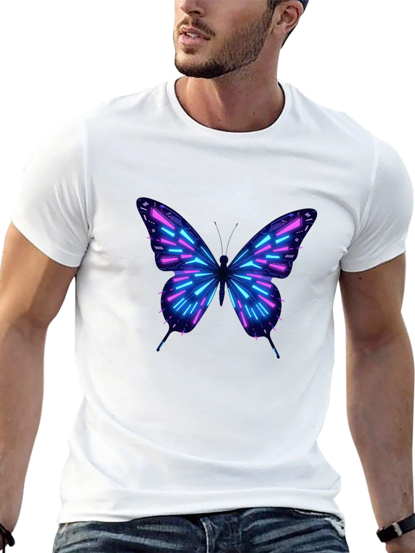 Neon Butterfly Graphic Print Black T-Shirt
