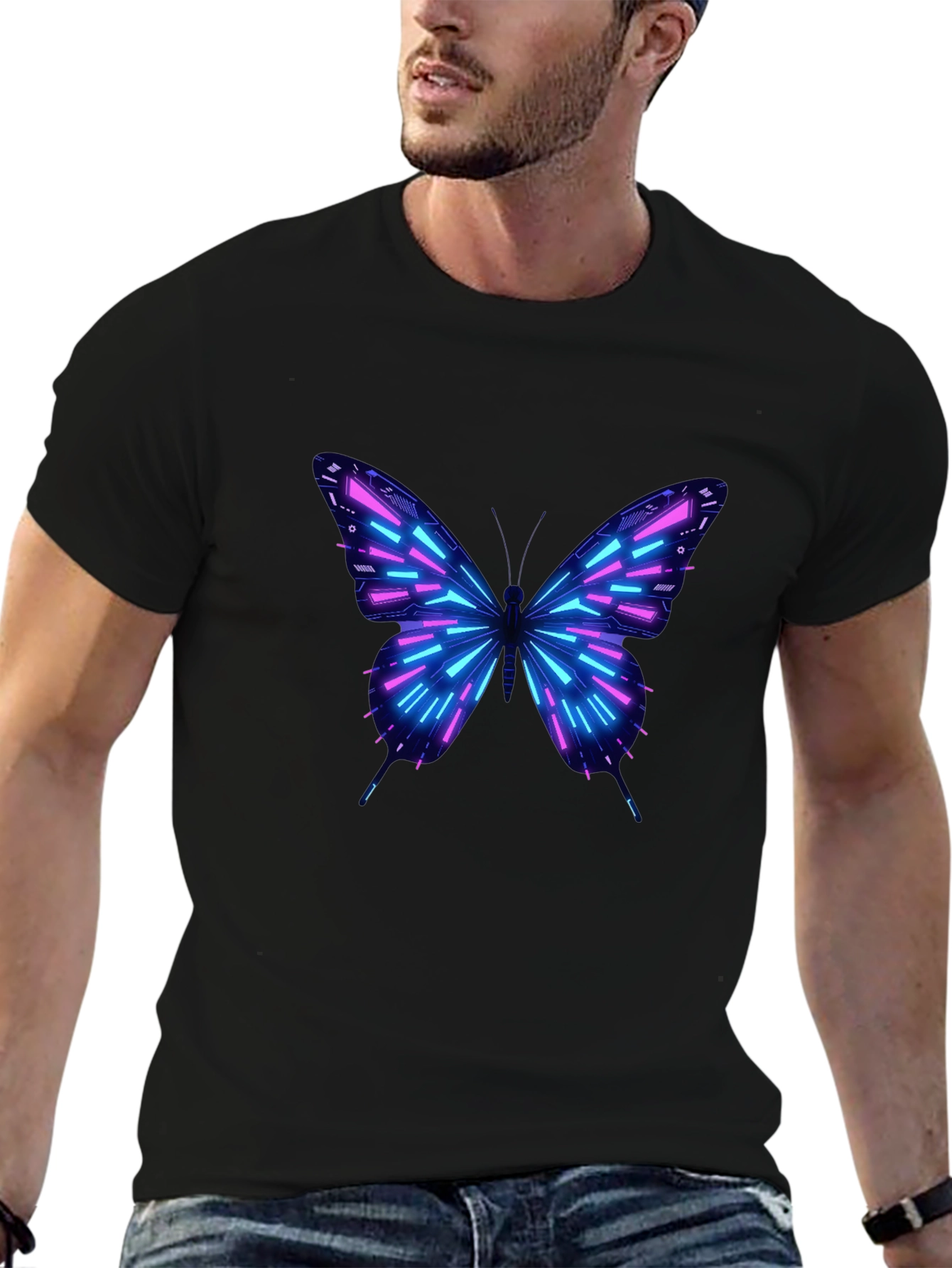 Neon Butterfly Graphic Print Black T-Shirt