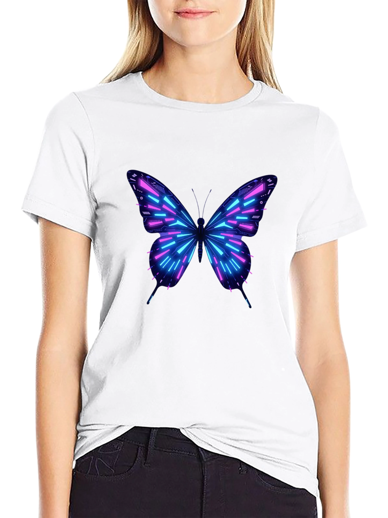 Neon Butterfly Graphic Print Black T-Shirt