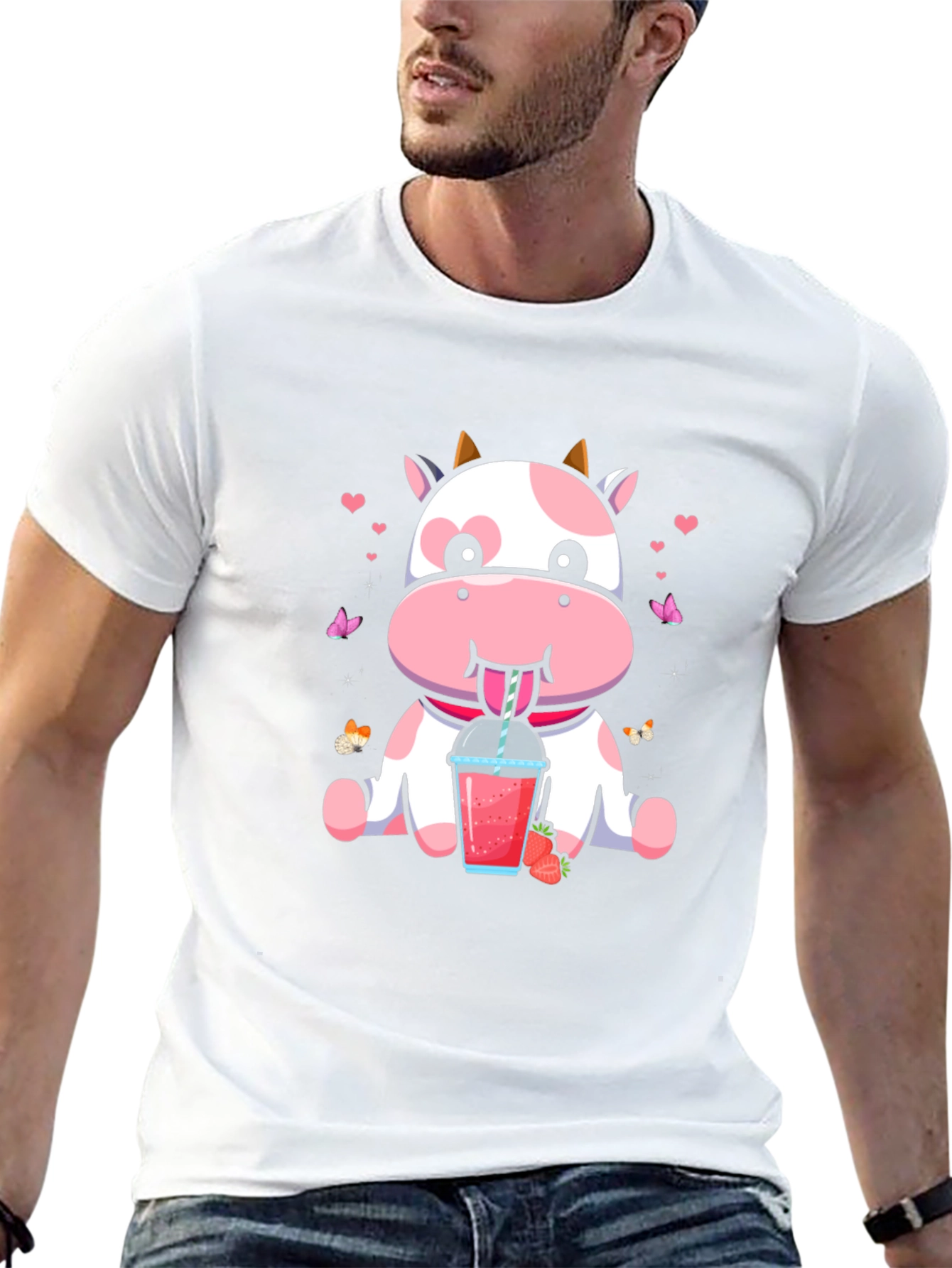 Cute Cow Strawberry Drink Black T-Shirt