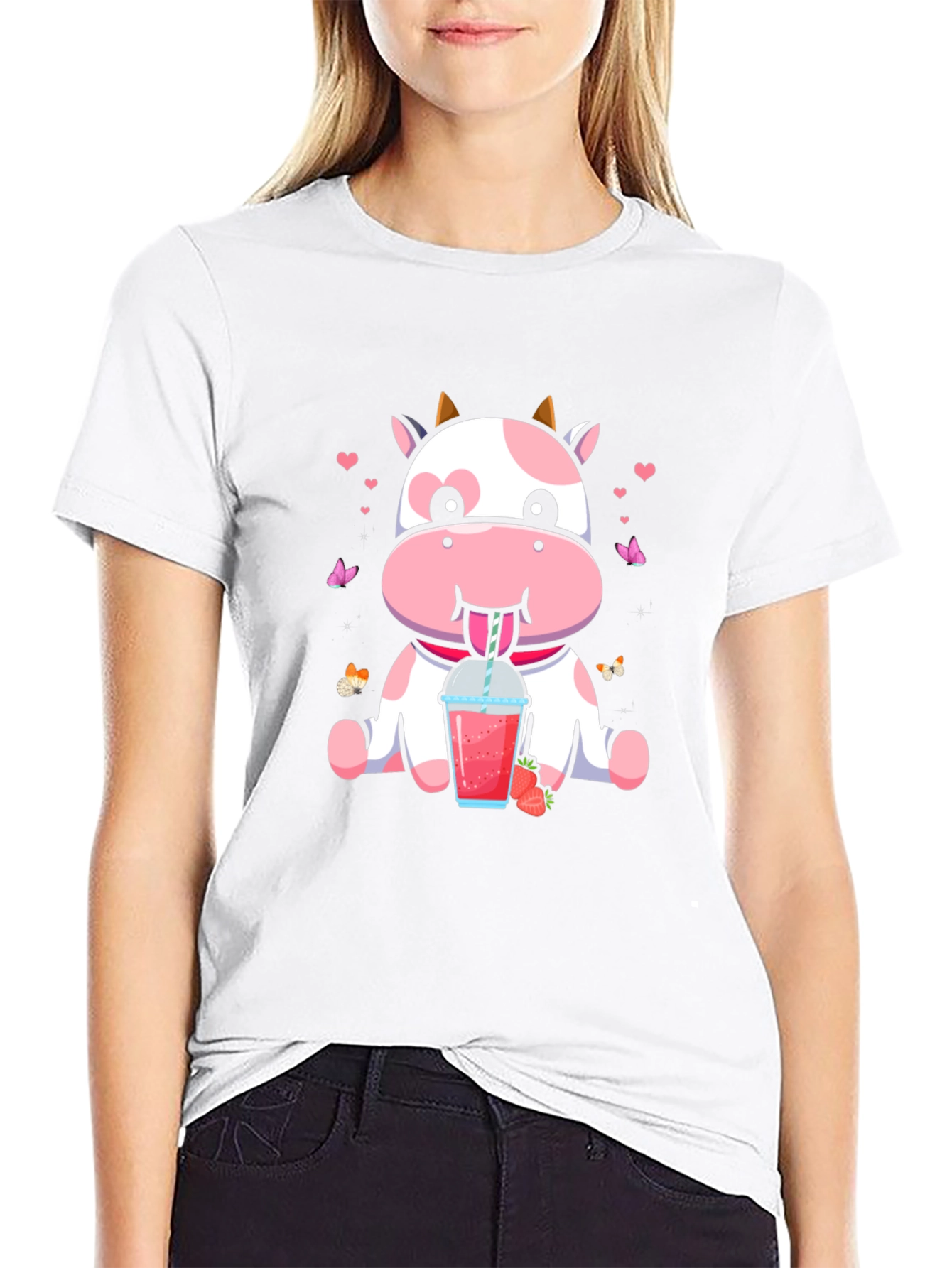 Cute Cow Strawberry Drink Black T-Shirt