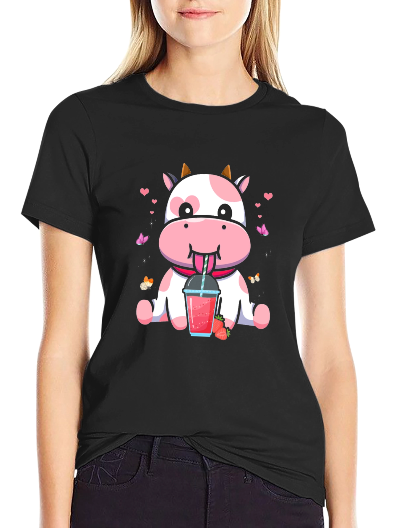 Cute Cow Strawberry Drink Black T-Shirt