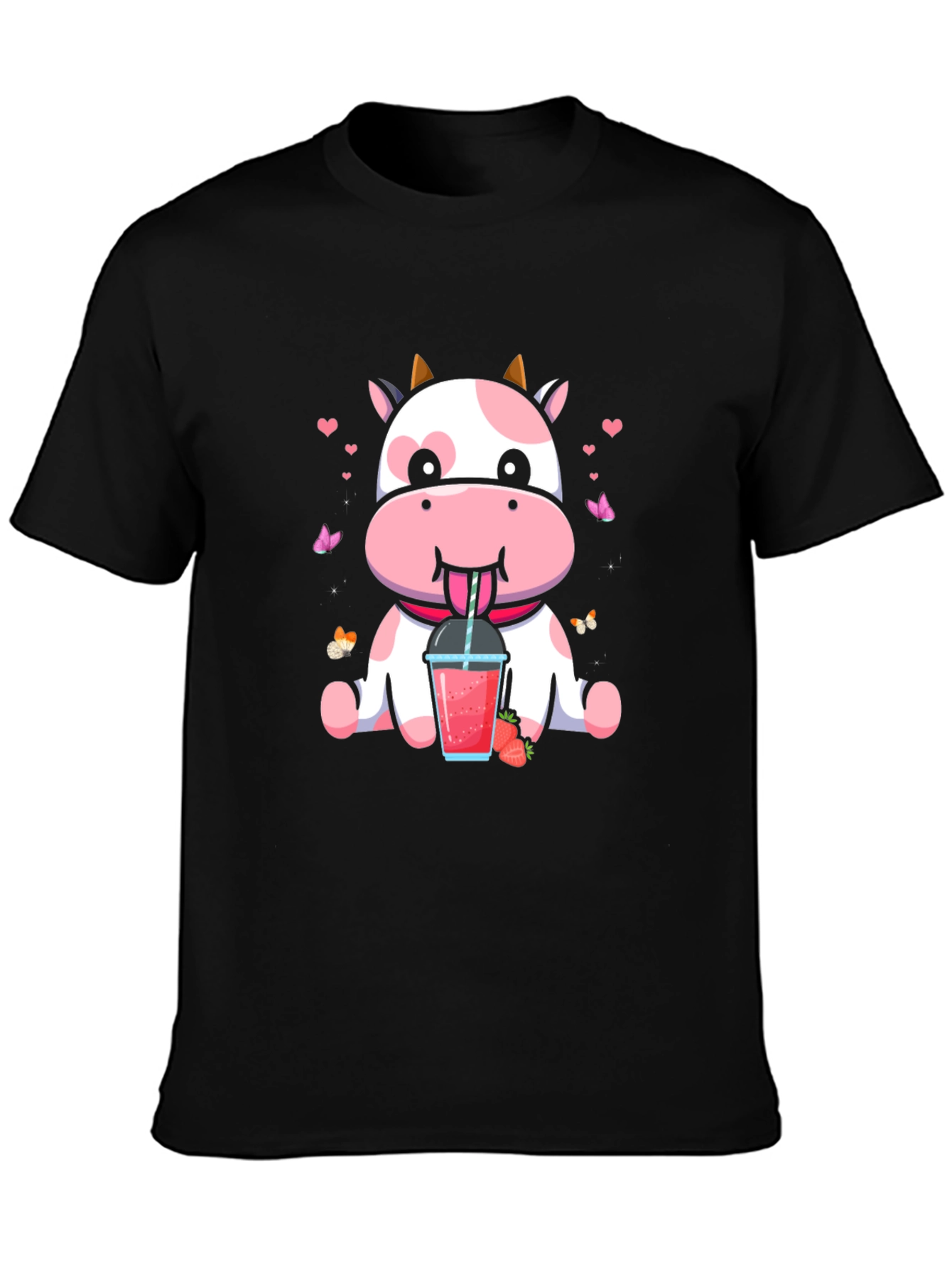 Cute Cow Strawberry Drink Black T-Shirt