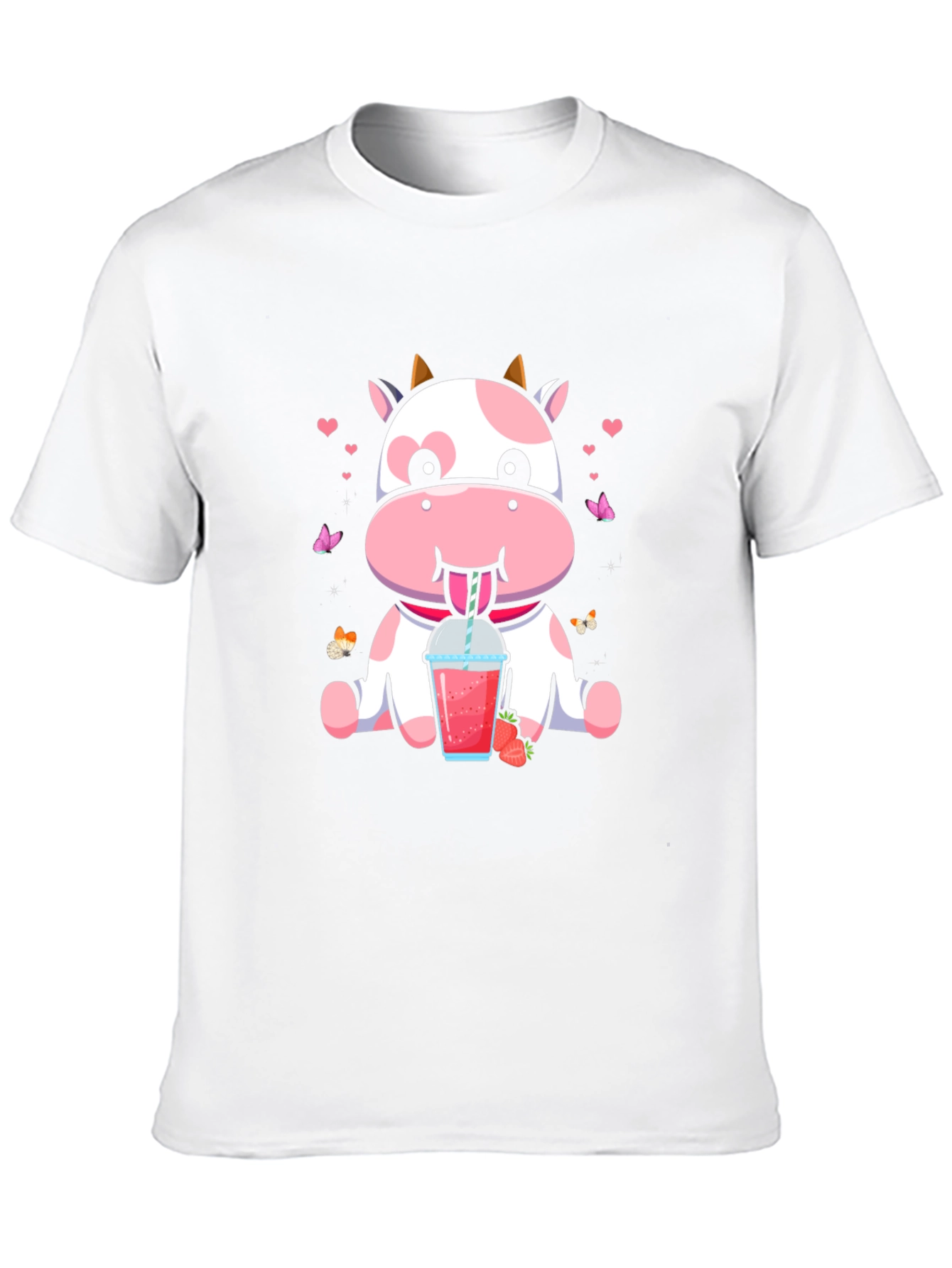 Cute Cow Strawberry Drink Black T-Shirt