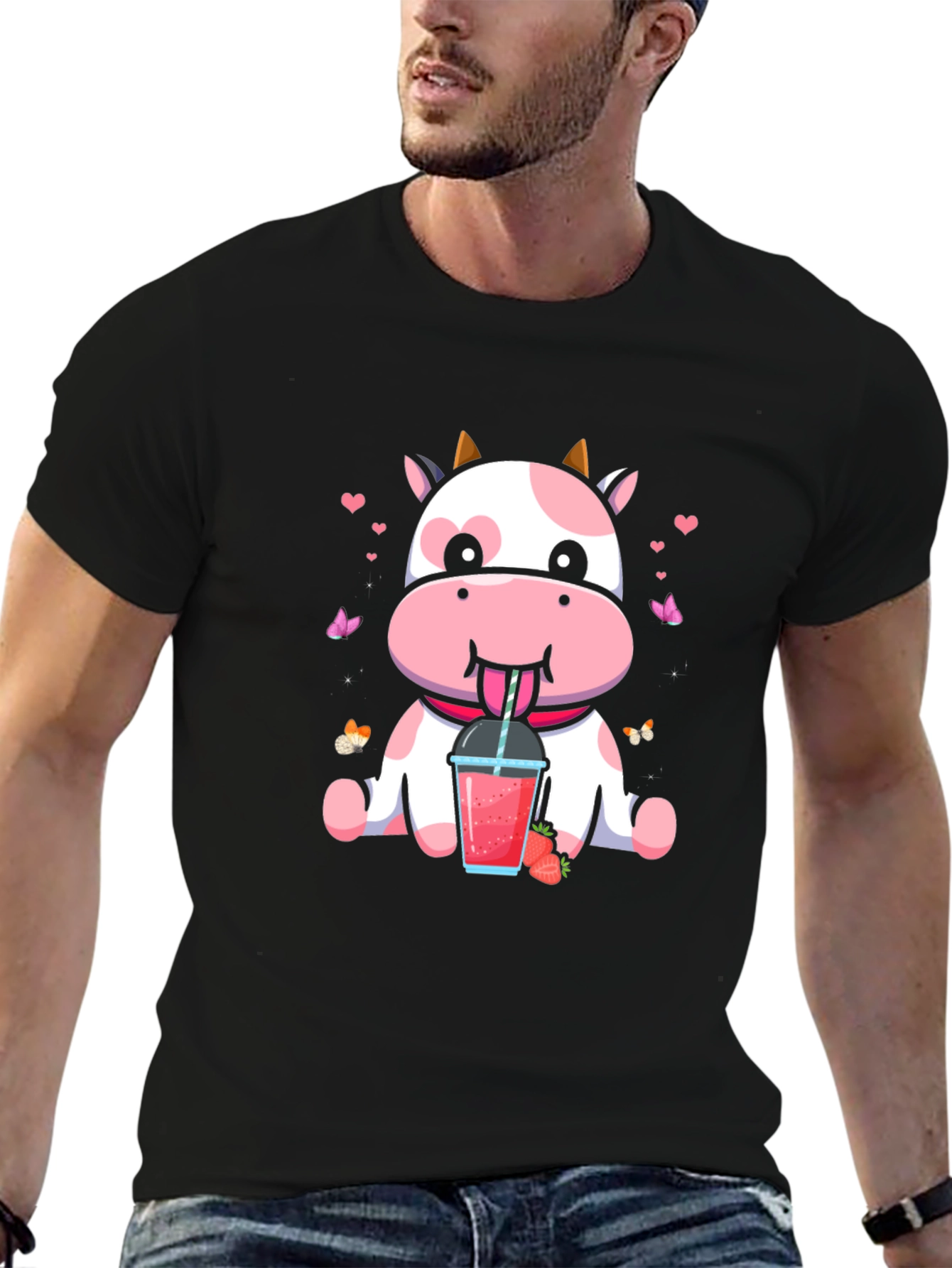 Cute Cow Strawberry Drink Black T-Shirt
