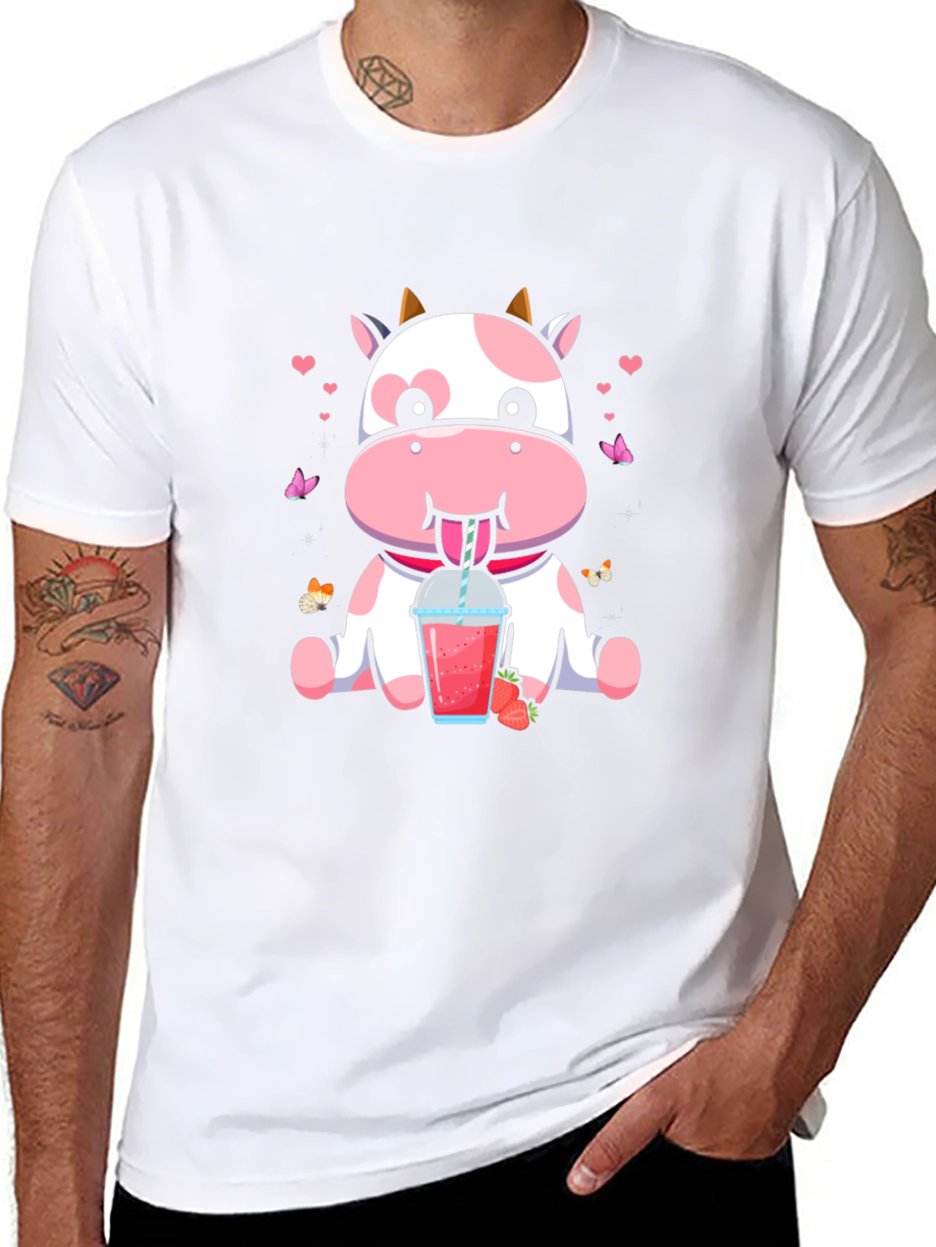 Cute Cow Strawberry Drink Black T-Shirt