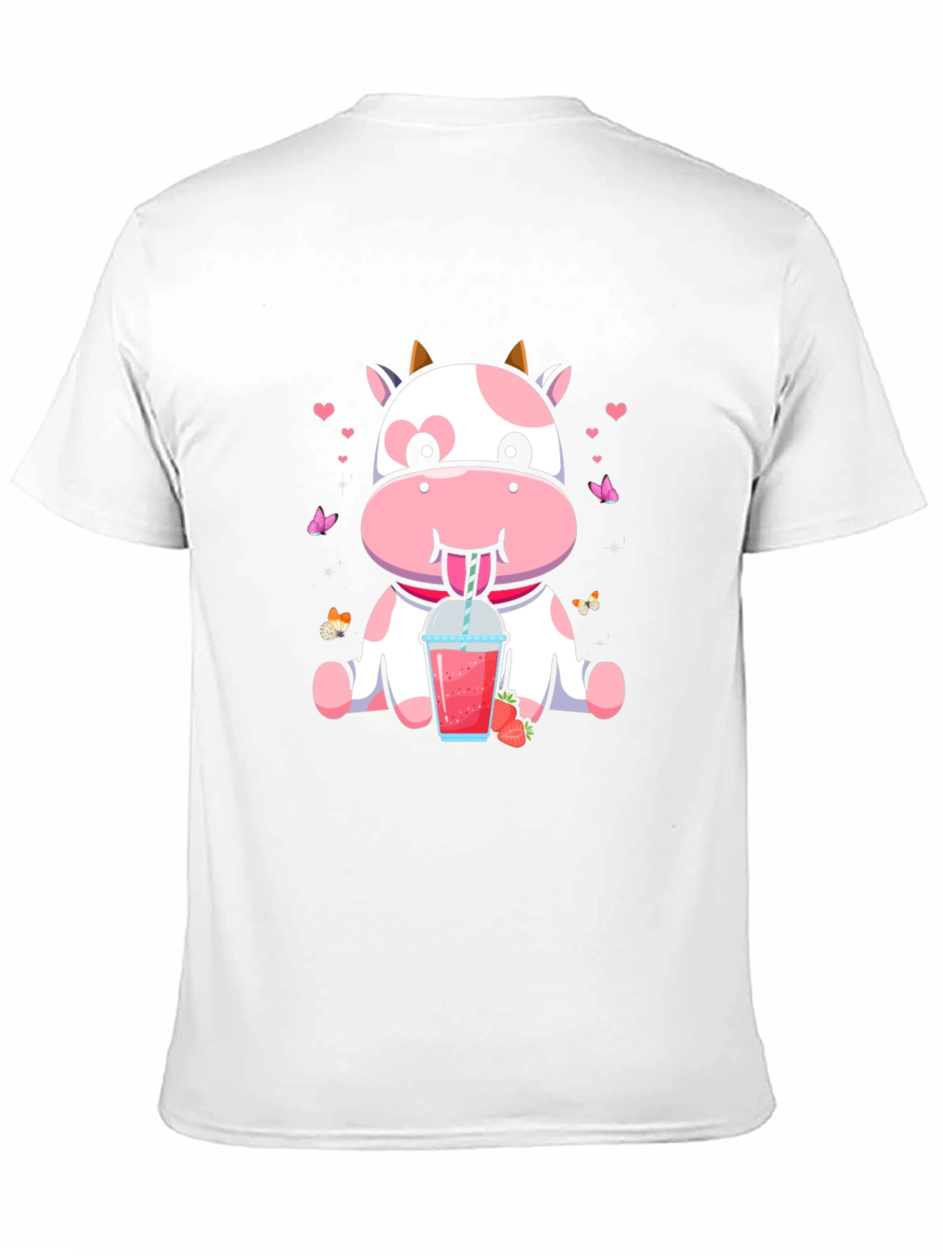 Cute Cow Strawberry Drink Black T-Shirt