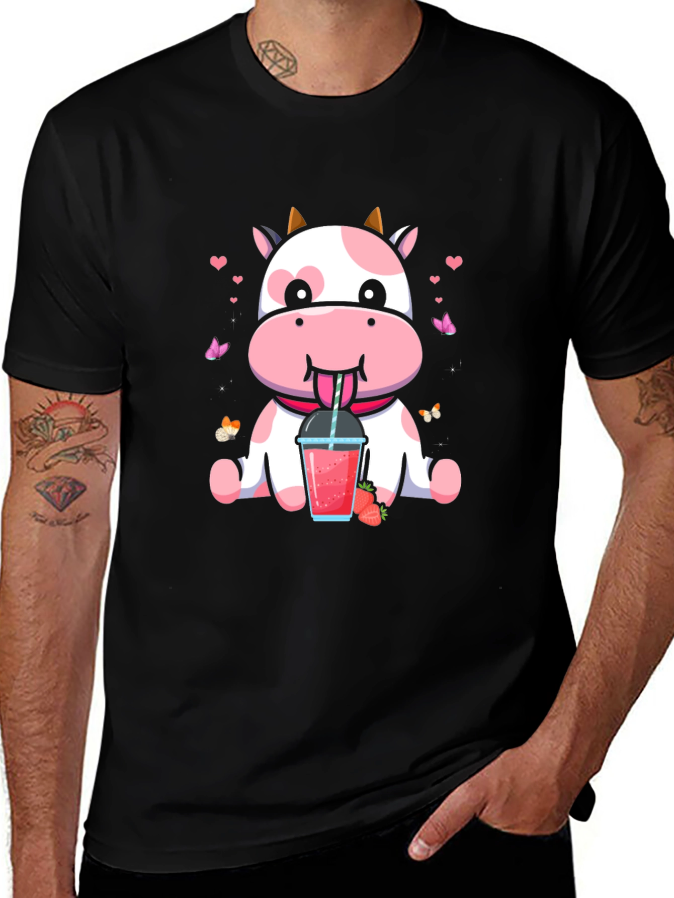 Cute Cow Strawberry Drink Black T-Shirt
