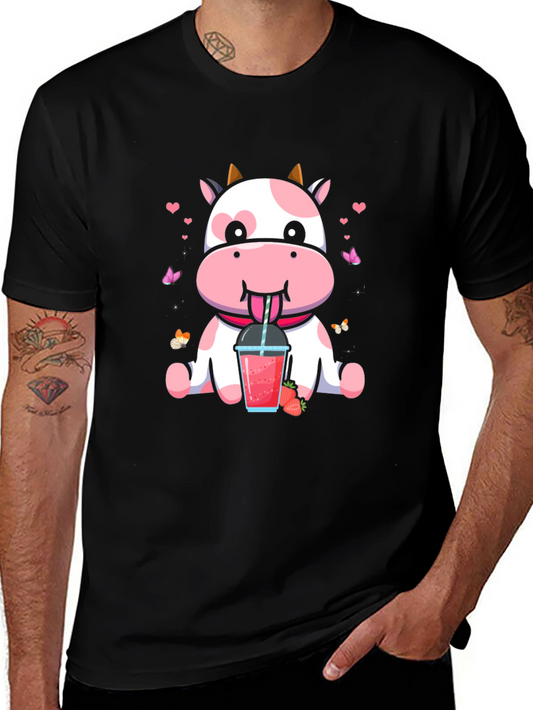 Cute Cow Strawberry Drink Black T-Shirt