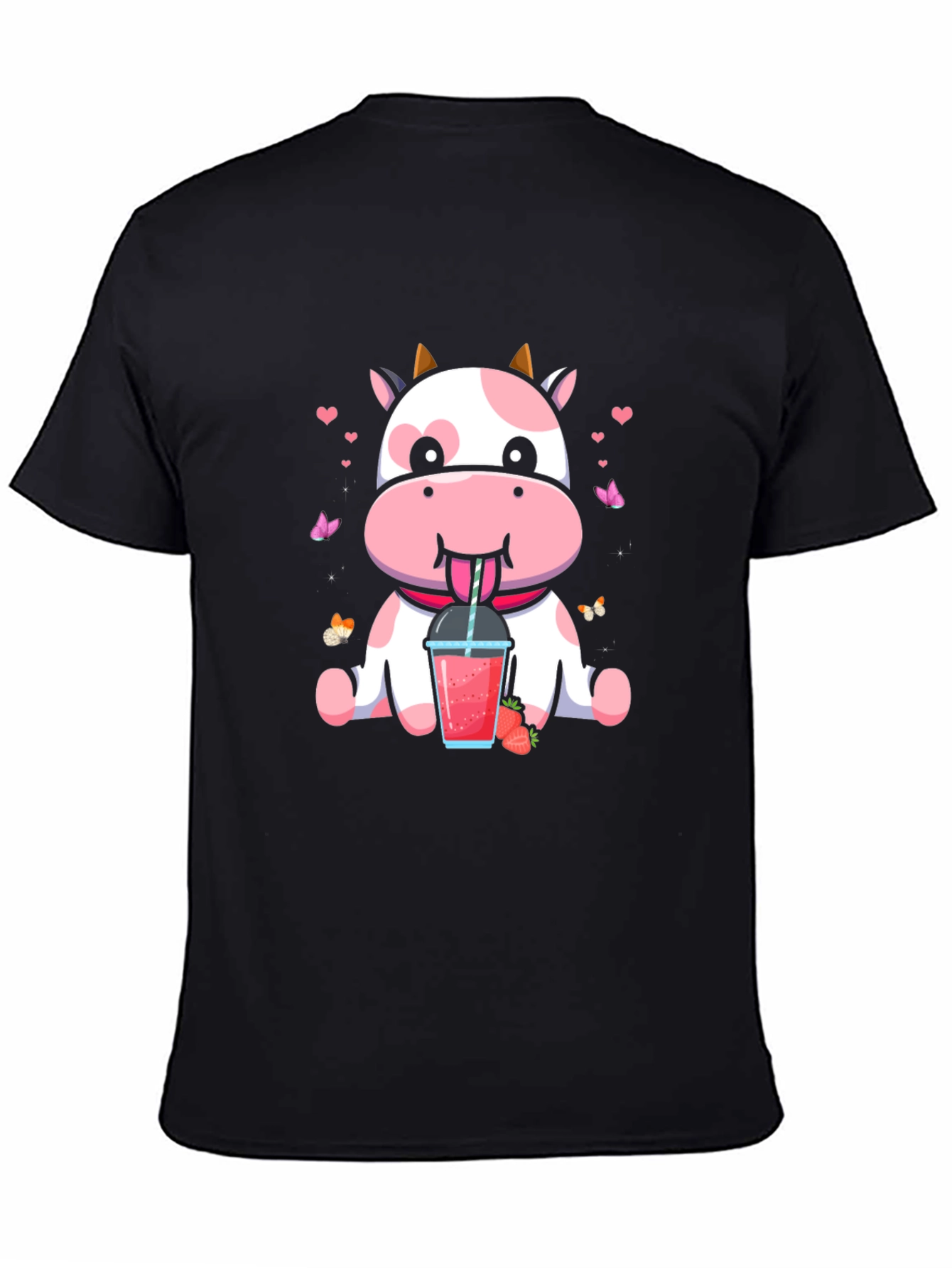 Cute Cow Strawberry Drink Black T-Shirt