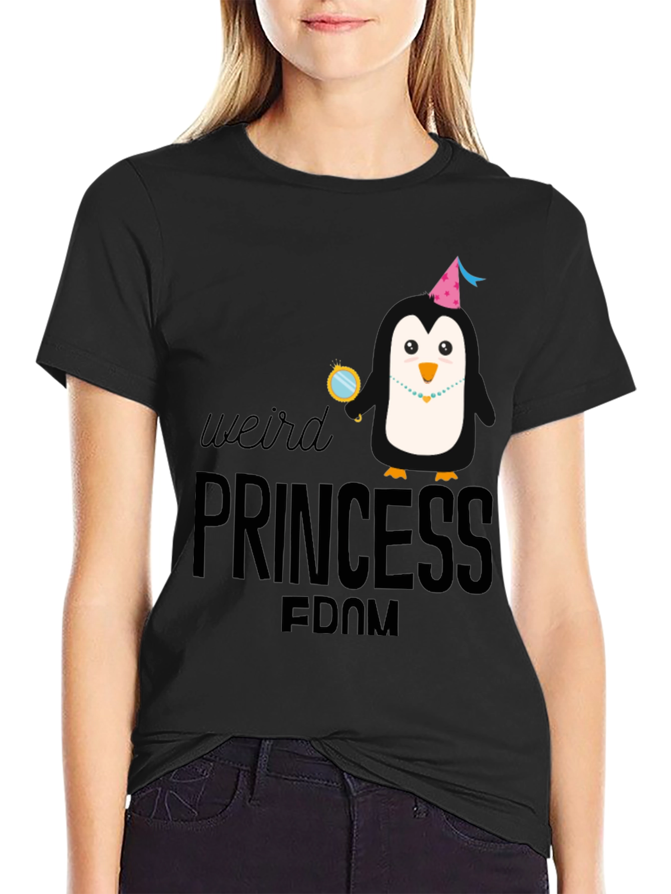 Weird Princess Penguin Black Graphic Tee Shirt