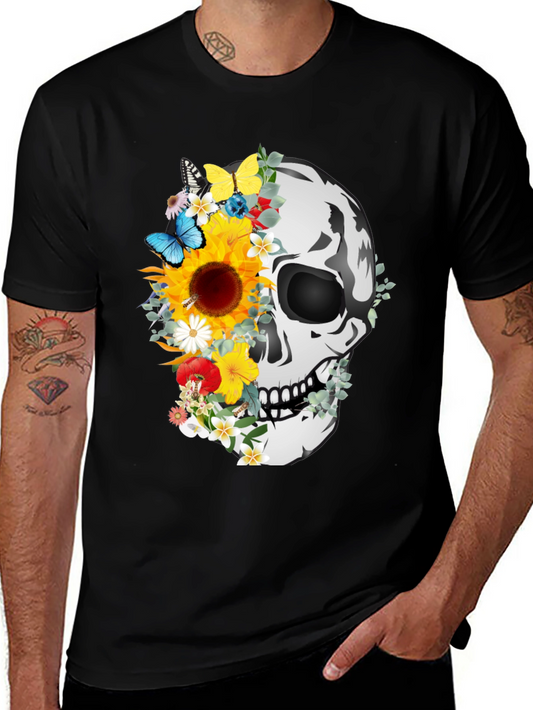Floral Skull Graphic Tee - Mens Black T-Shirt