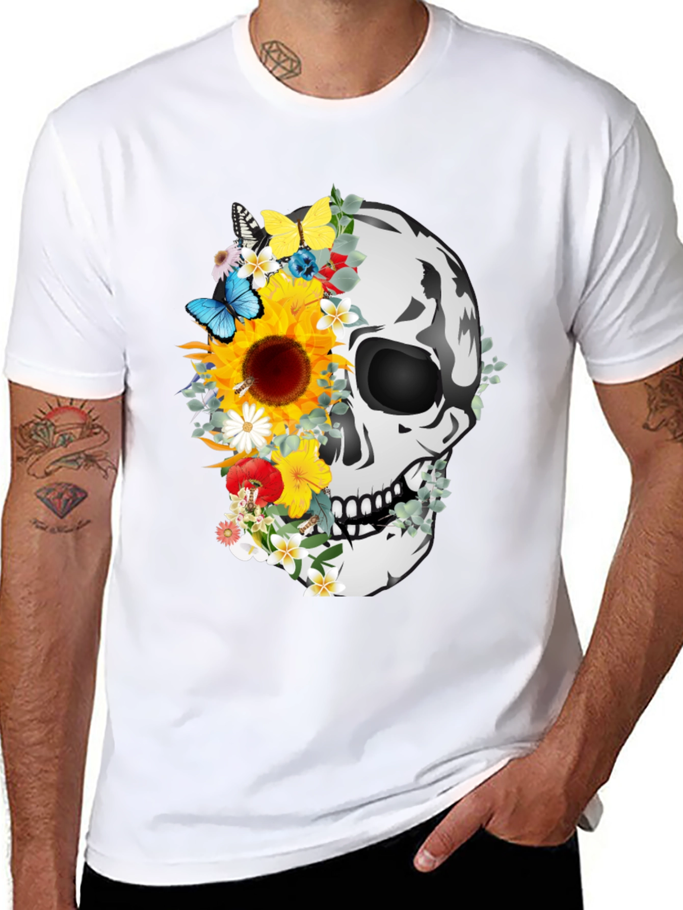Floral Skull Graphic Tee - Mens Black T-Shirt