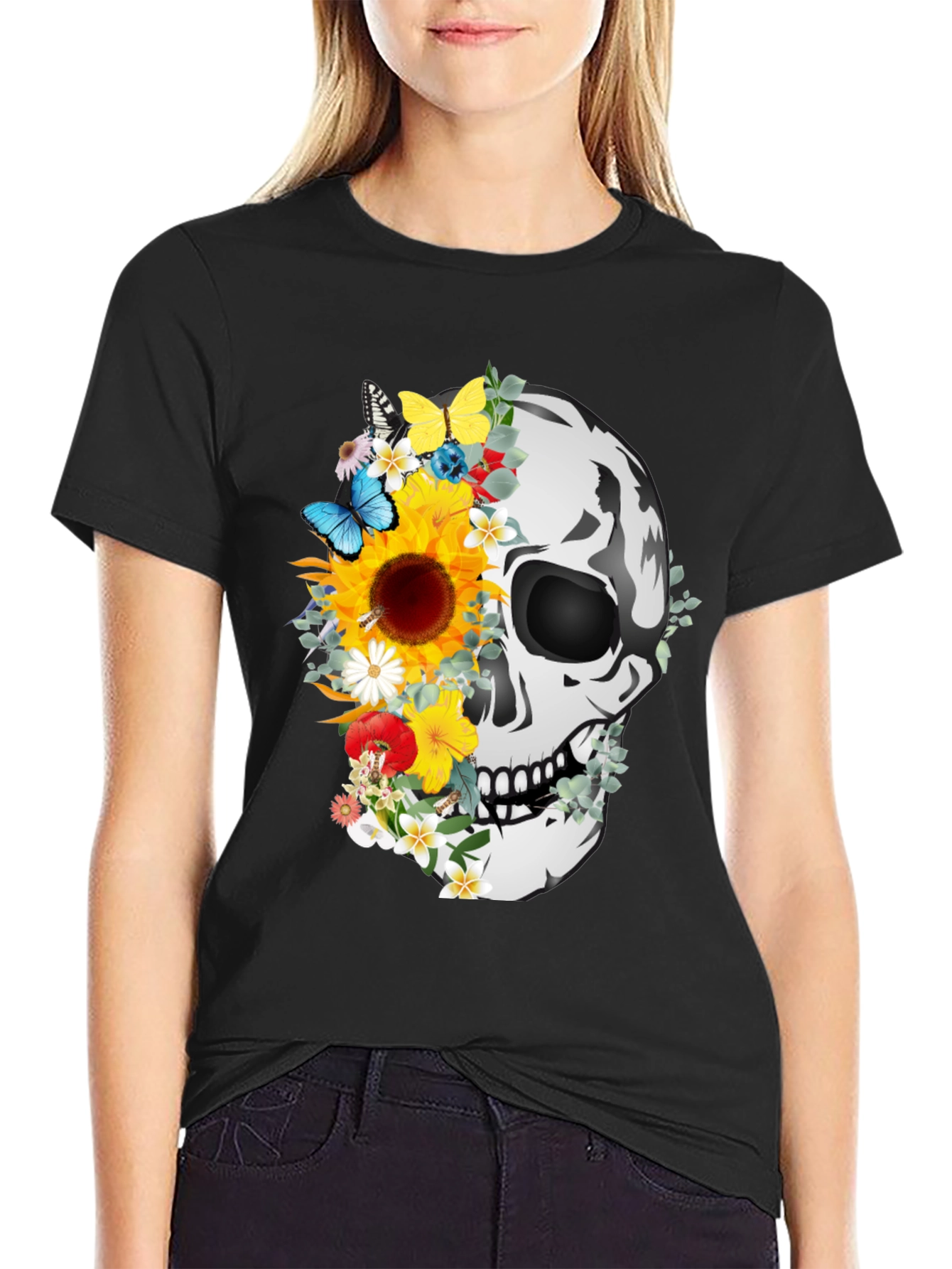 Floral Skull Graphic Tee - Mens Black T-Shirt