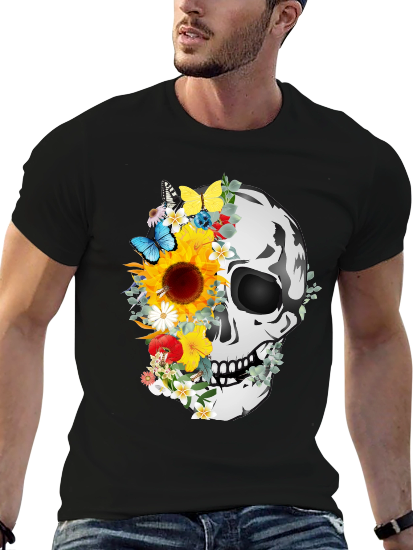 Floral Skull Graphic Tee - Mens Black T-Shirt