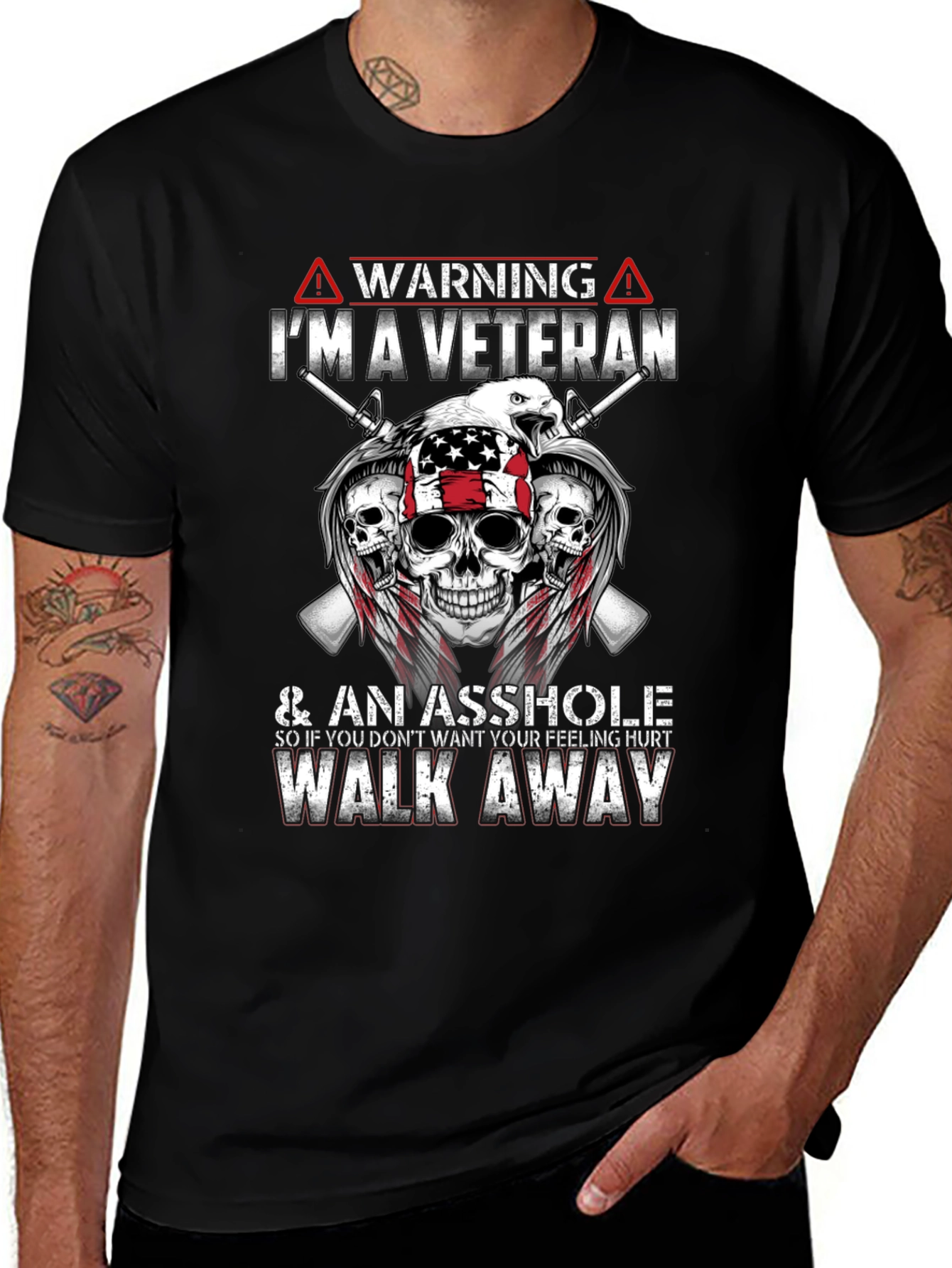 Warning Veteran Graphic Tee - Black