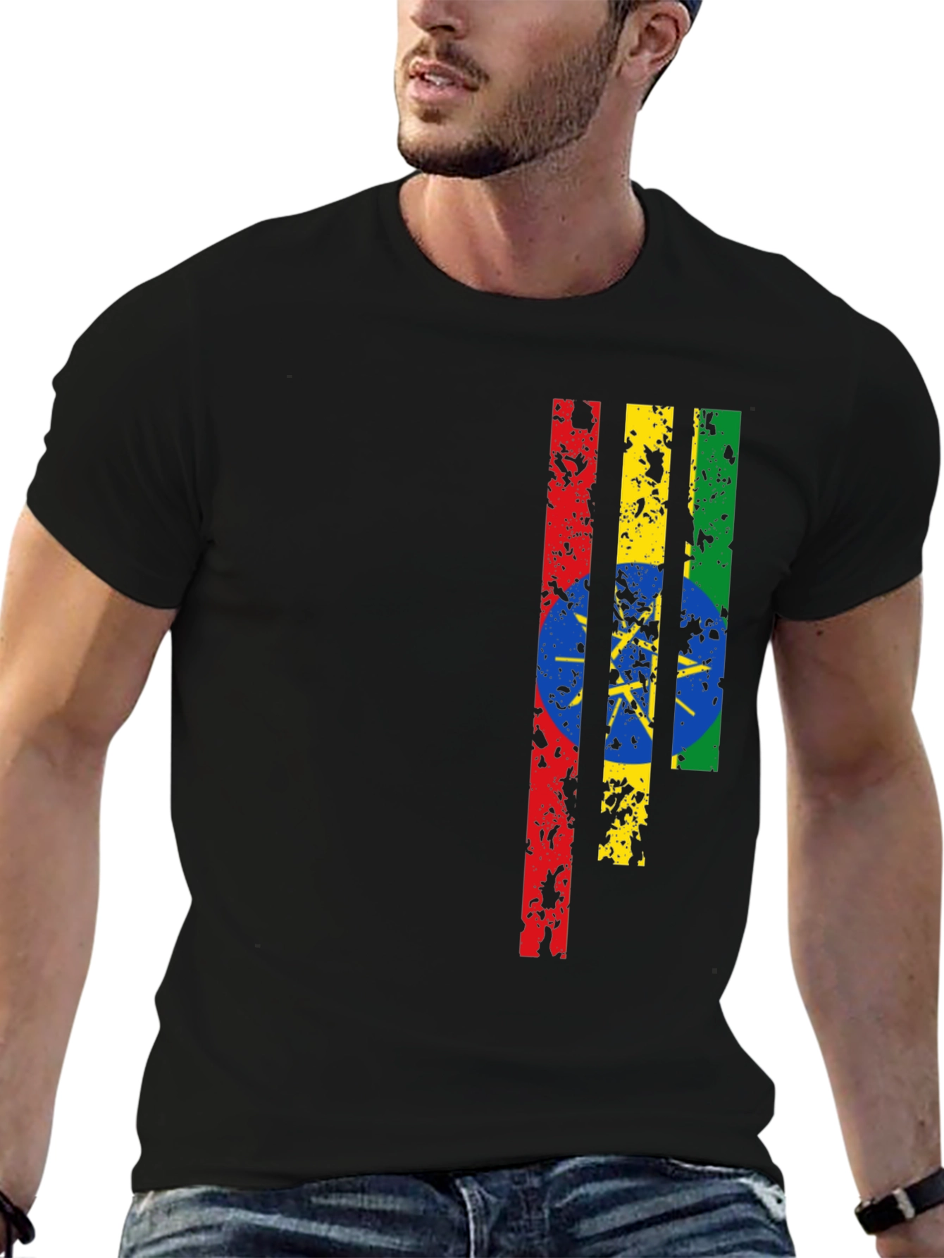 Ethiopian Flag Graphic Print Black T-Shirt