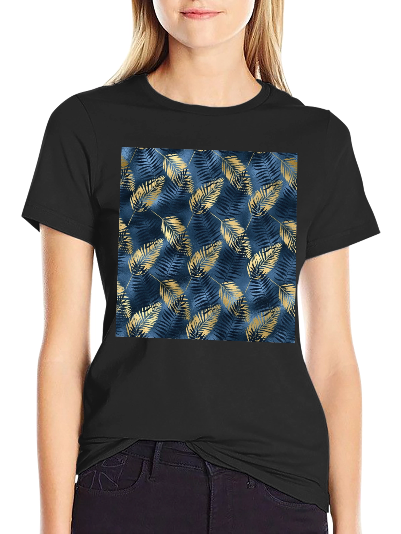 Stylish Black Tee with Leaf Pattern