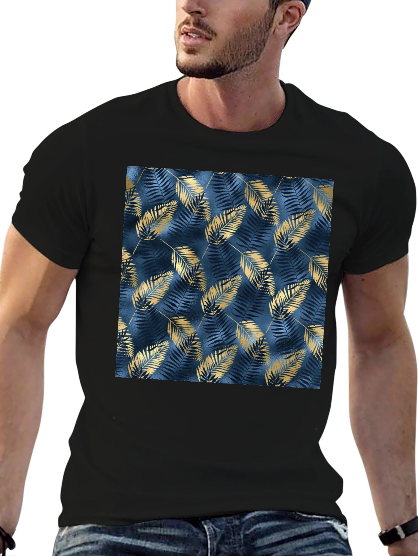 Stylish Black Tee with Leaf Pattern