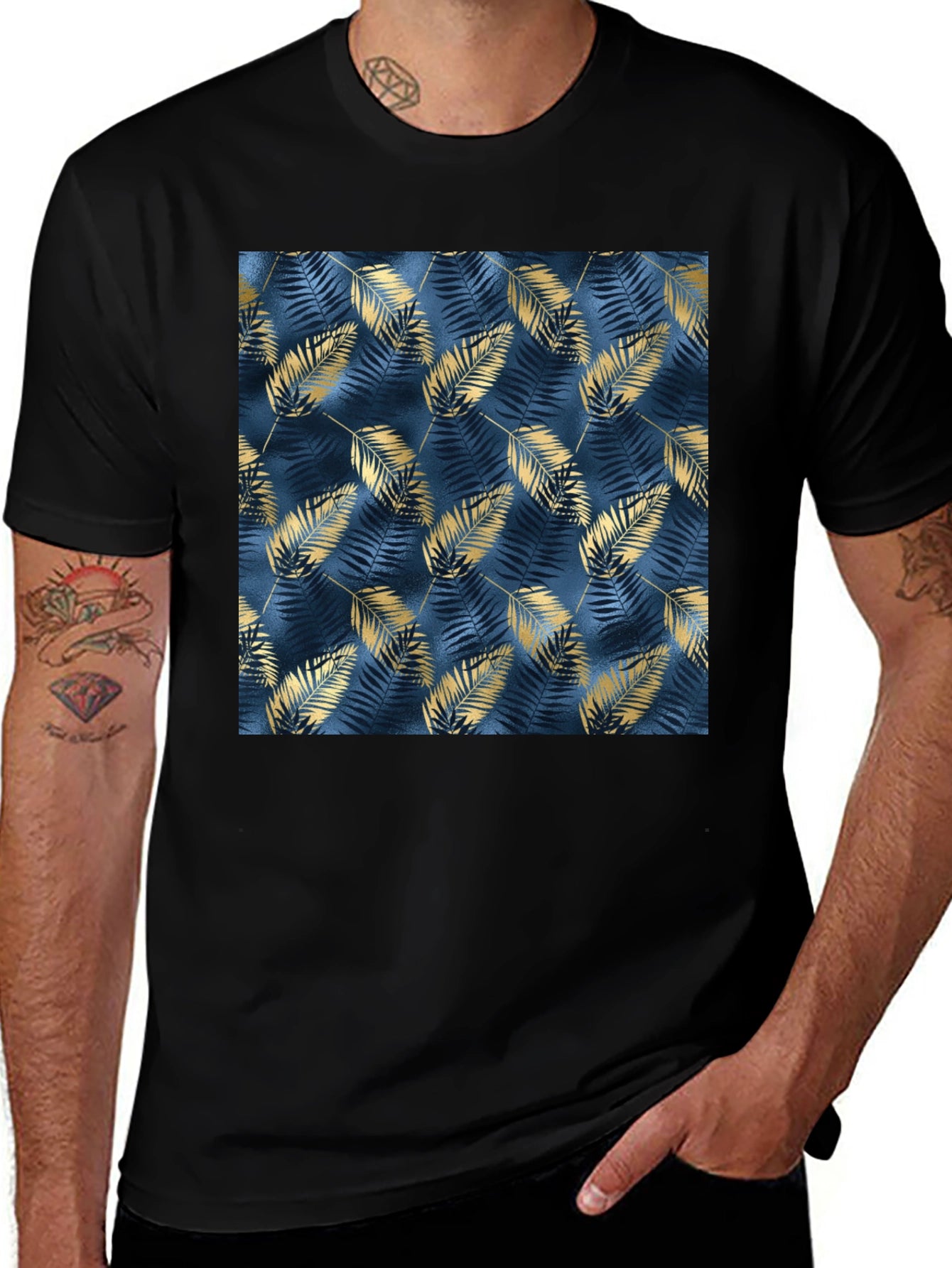 Stylish Black Tee with Leaf Pattern