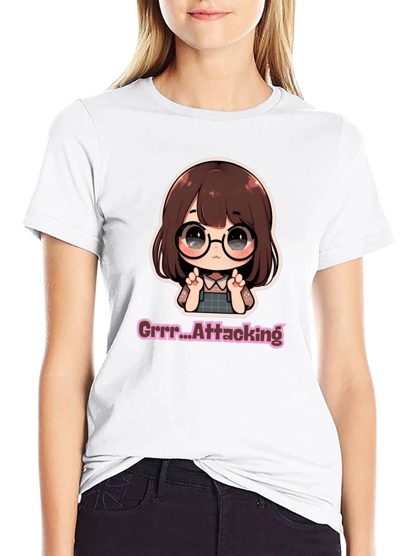 Cute Chibi Girl Grrr...Attacking Black T-Shirt