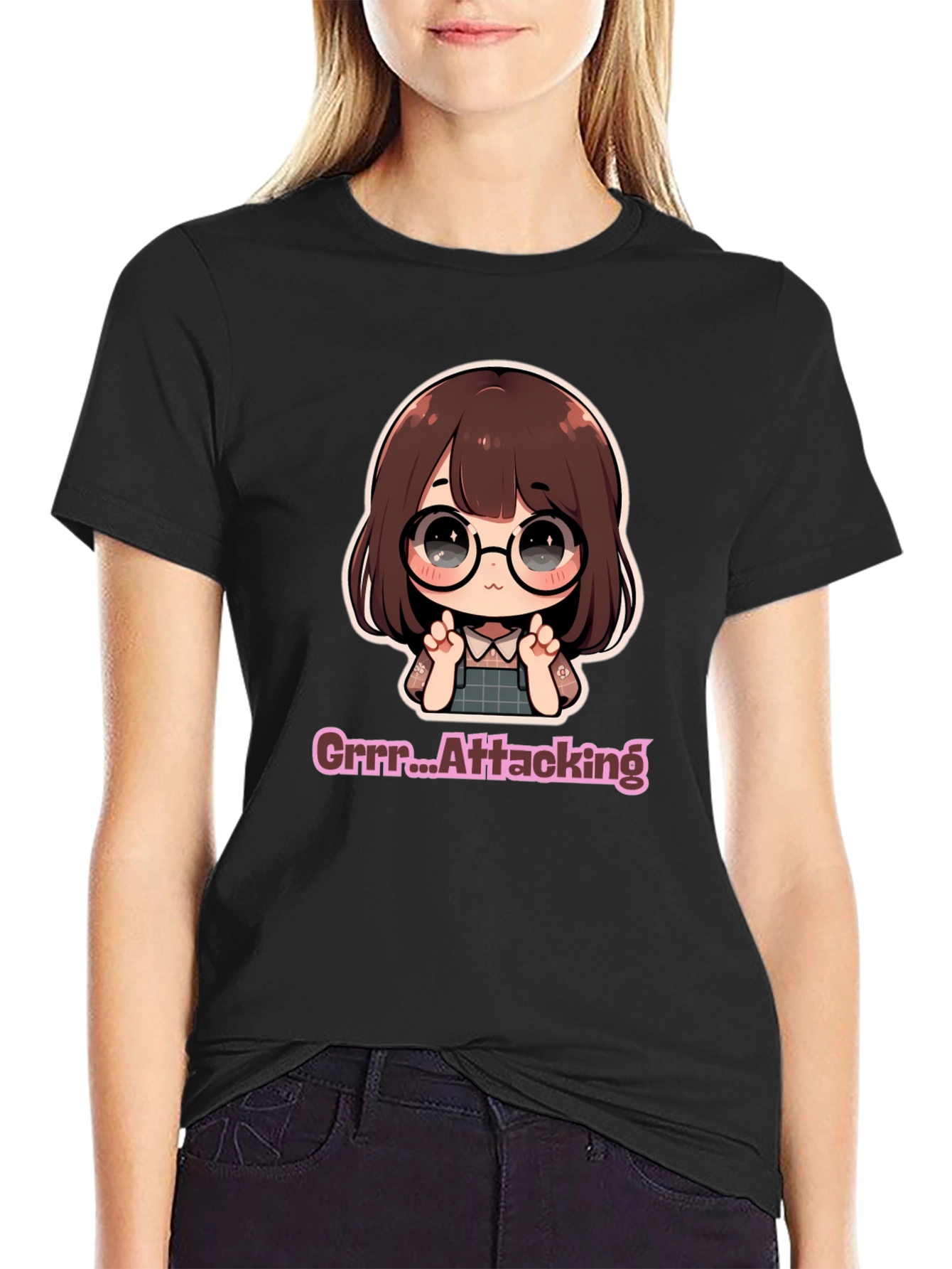 Cute Chibi Girl Grrr...Attacking Black T-Shirt