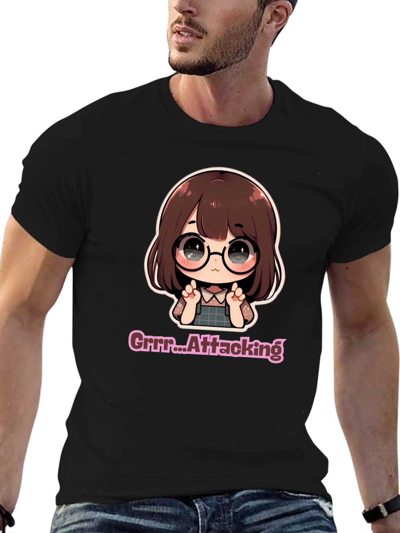 Cute Chibi Girl Grrr...Attacking Black T-Shirt