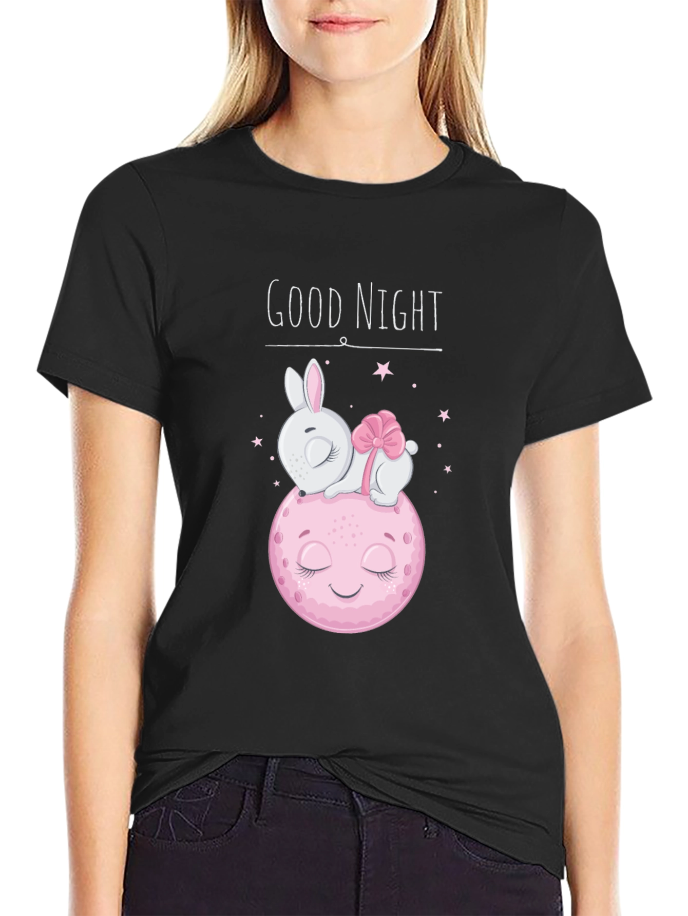 Cute Good Night Bunny & Moon Black T-Shirt