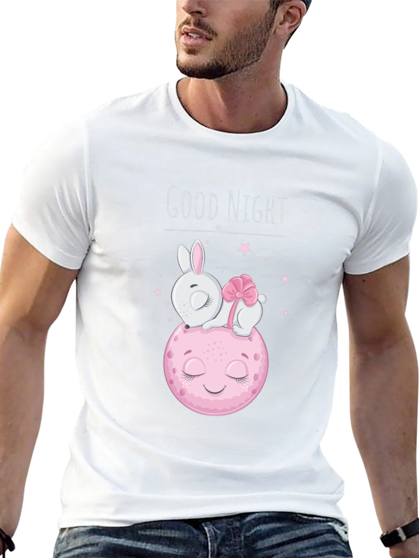 Cute Good Night Bunny & Moon Black T-Shirt
