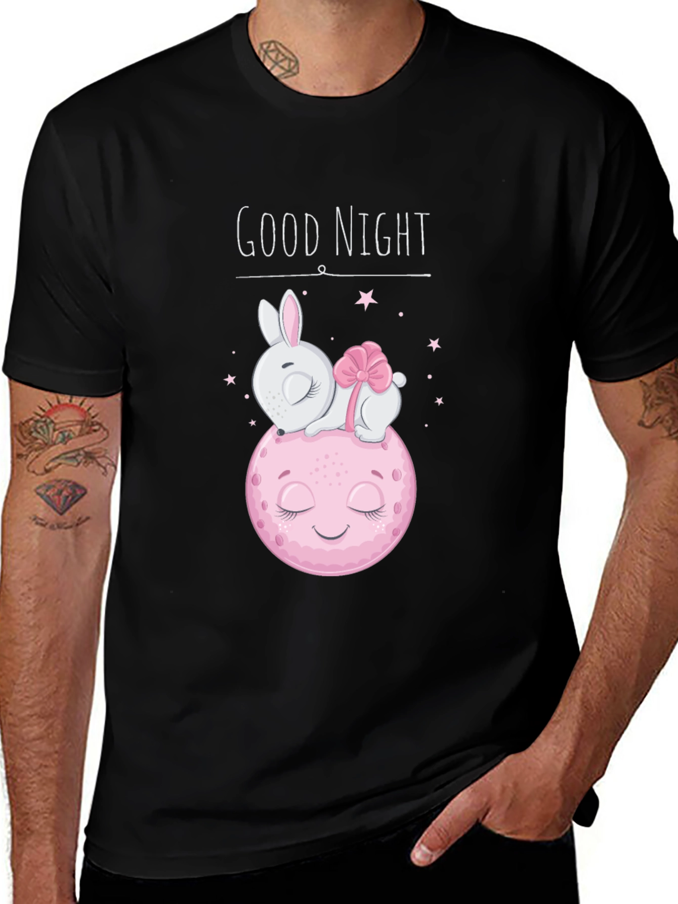 Cute Good Night Bunny & Moon Black T-Shirt