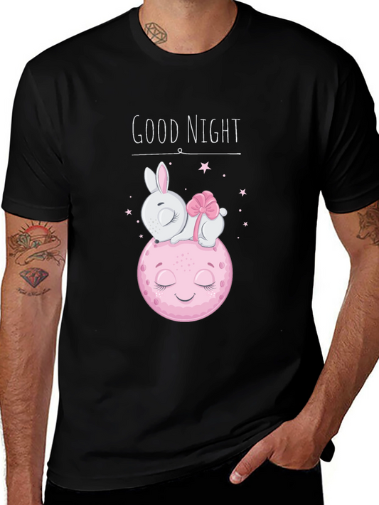 Cute Good Night Bunny & Moon Black T-Shirt